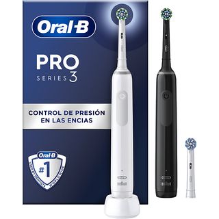 Cepillo eléctrico - Oral-B Pro 3 3900, Pack de Dos Cepillos eléctricos, 3 Cabezales, Diseñados Por Braun, Negro y blanco