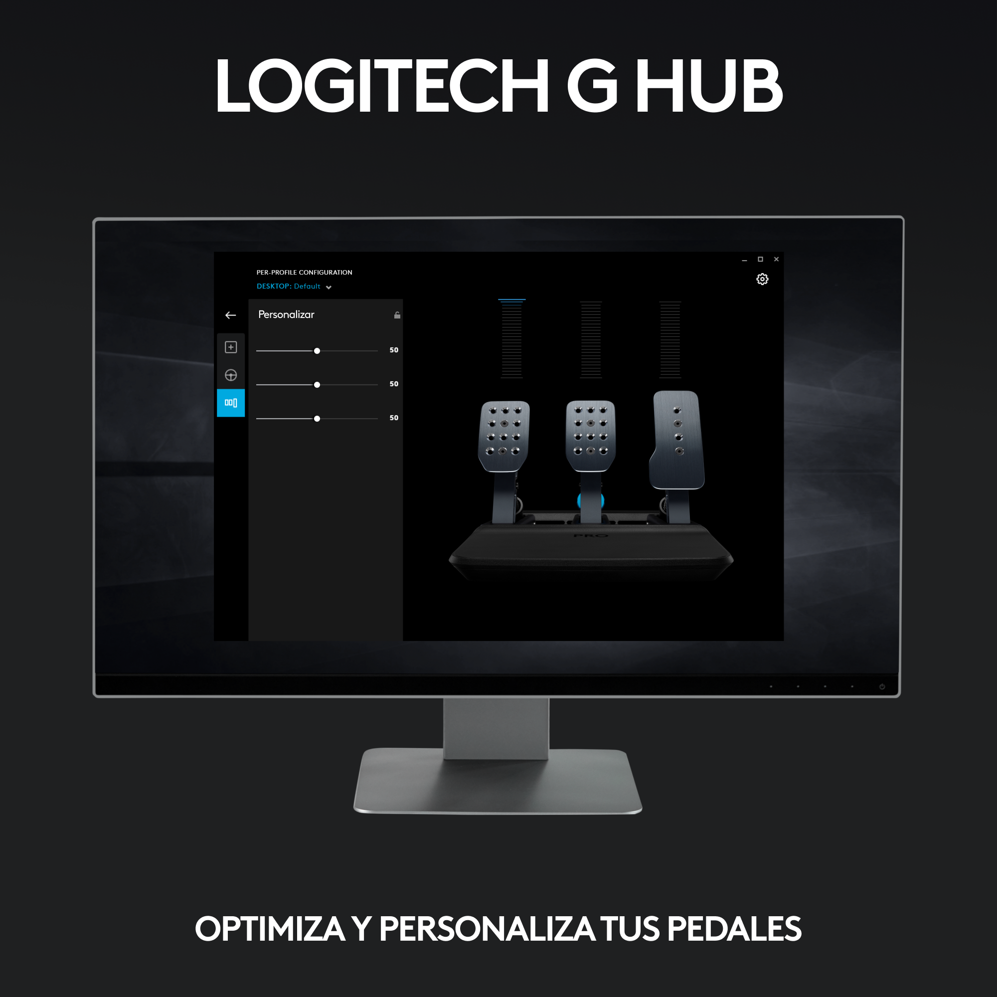 Una pantalla de ordenador que muestra la interfaz del software Logitech G HUB para la personalización de pedales.