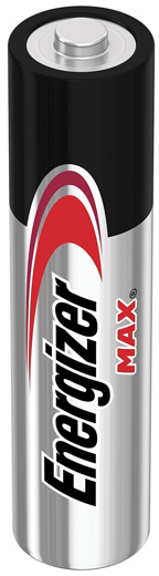 Una batteria Energizer Max AA. È argentata con una parte superiore nera e il marchio Energizer rosso e bianco.