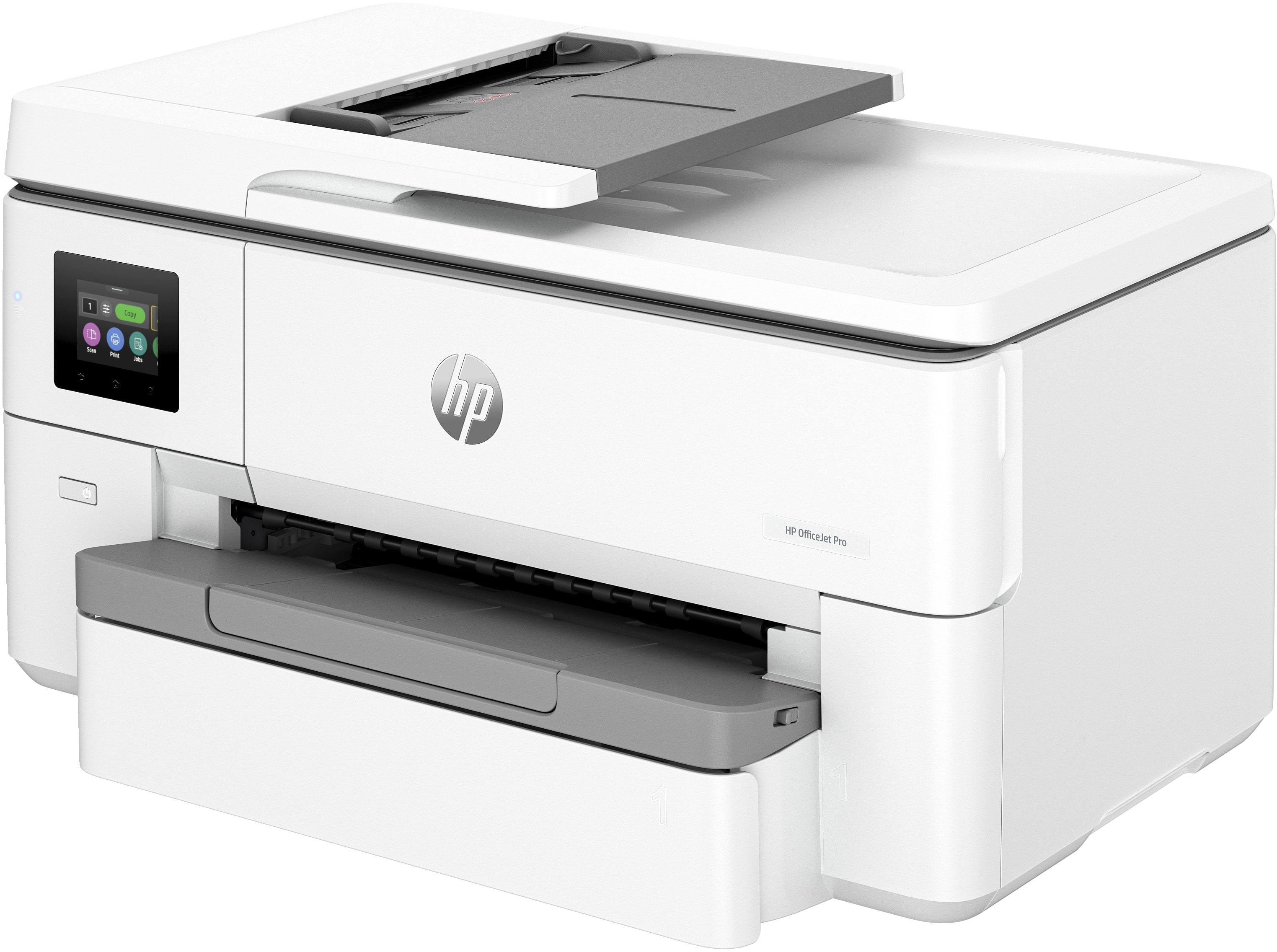 Impresora HP blanca. La impresora tiene una bandeja de papel abierta y una pantalla a color a la izquierda.
