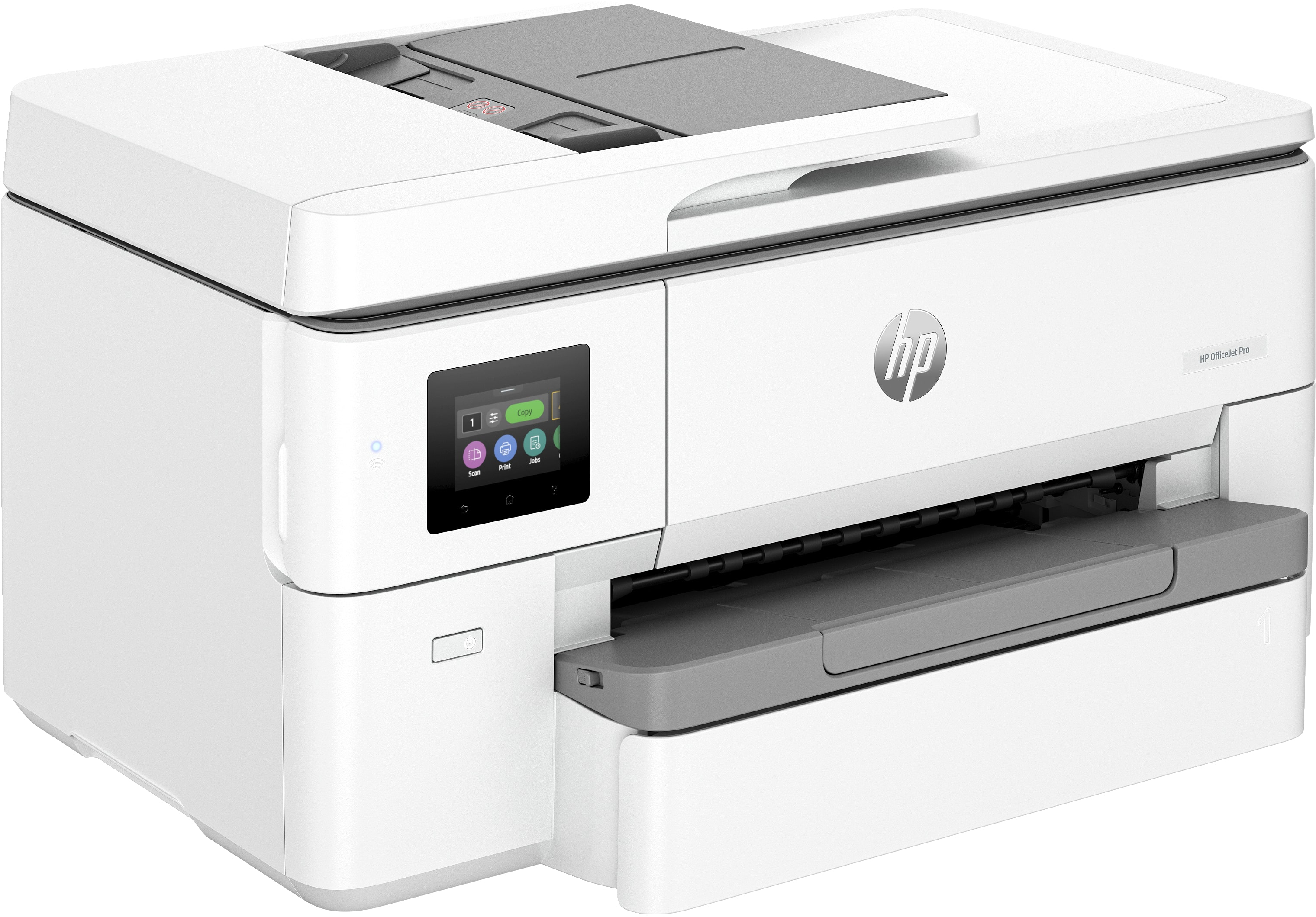 Impresora HP blanca con pantalla y bandeja de salida gris. Logotipo de HP visible.