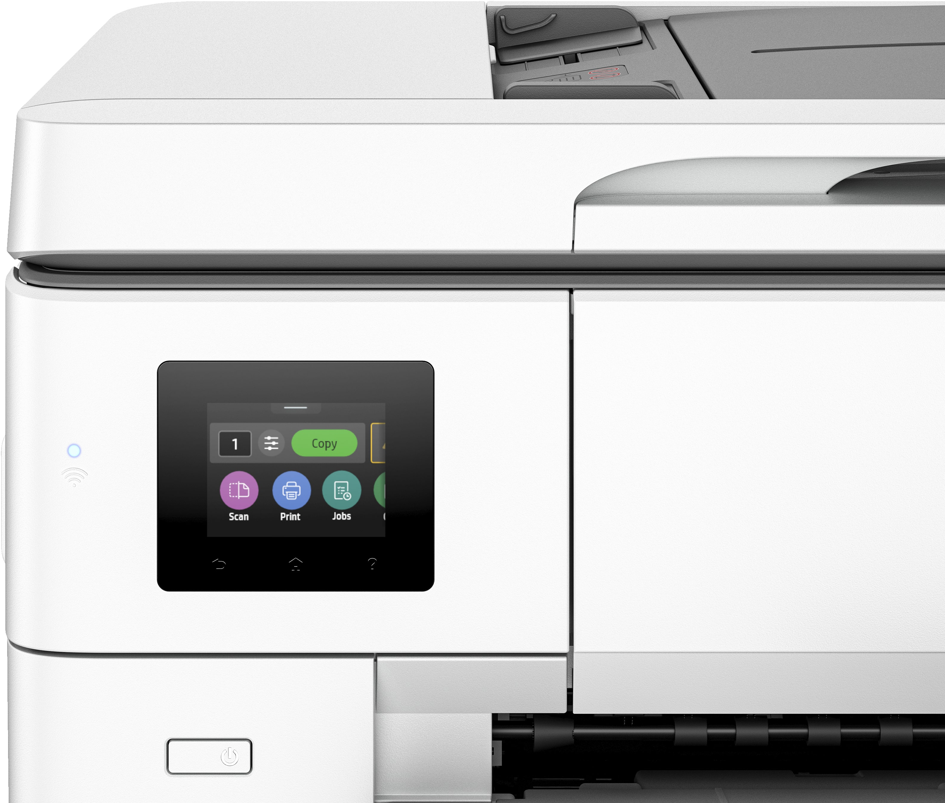 Impresora blanca con pantalla a color, botón de copia y botones de escaneo, impresión y trabajos.