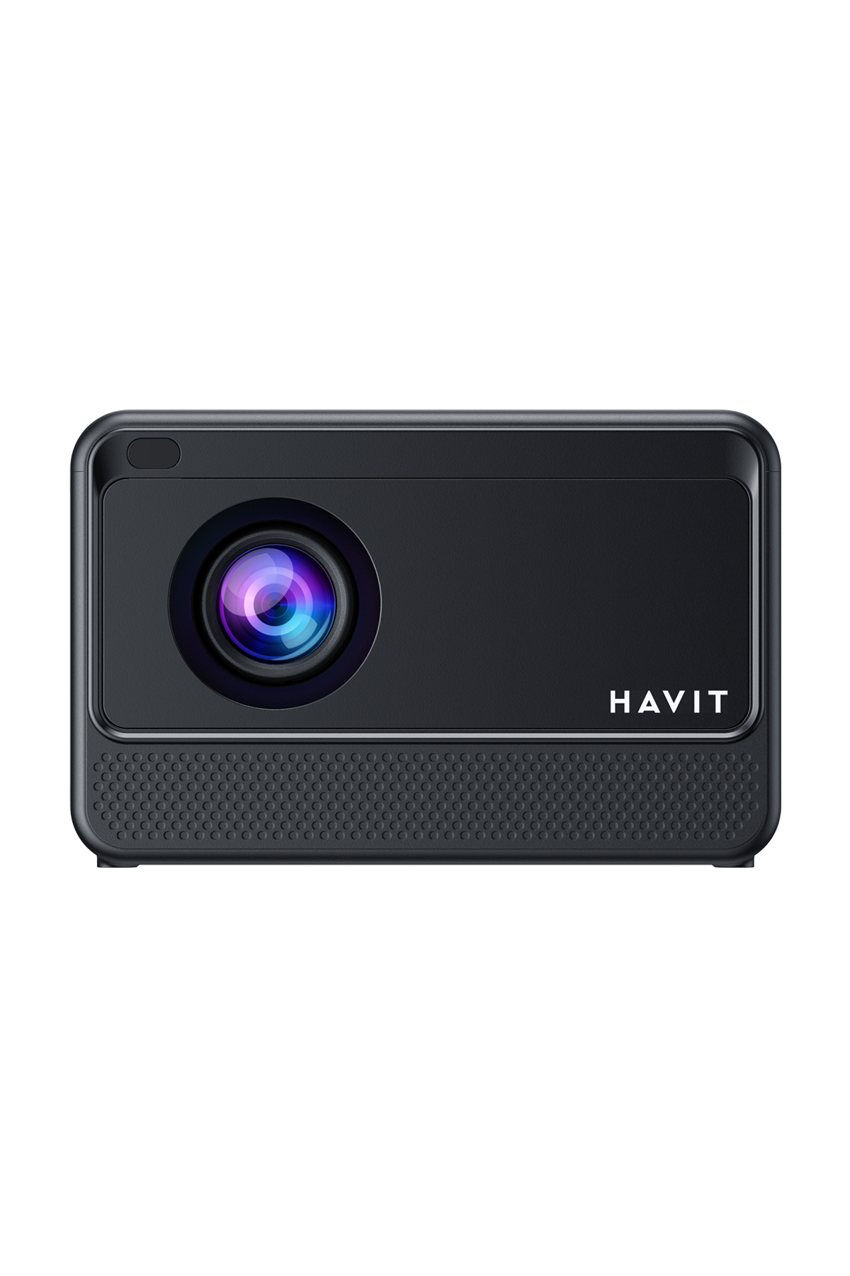 Bir lens ve 'HAVIT' kelimesi olan siyah projektör. Projektör beyaz bir arka plan üzerinde.