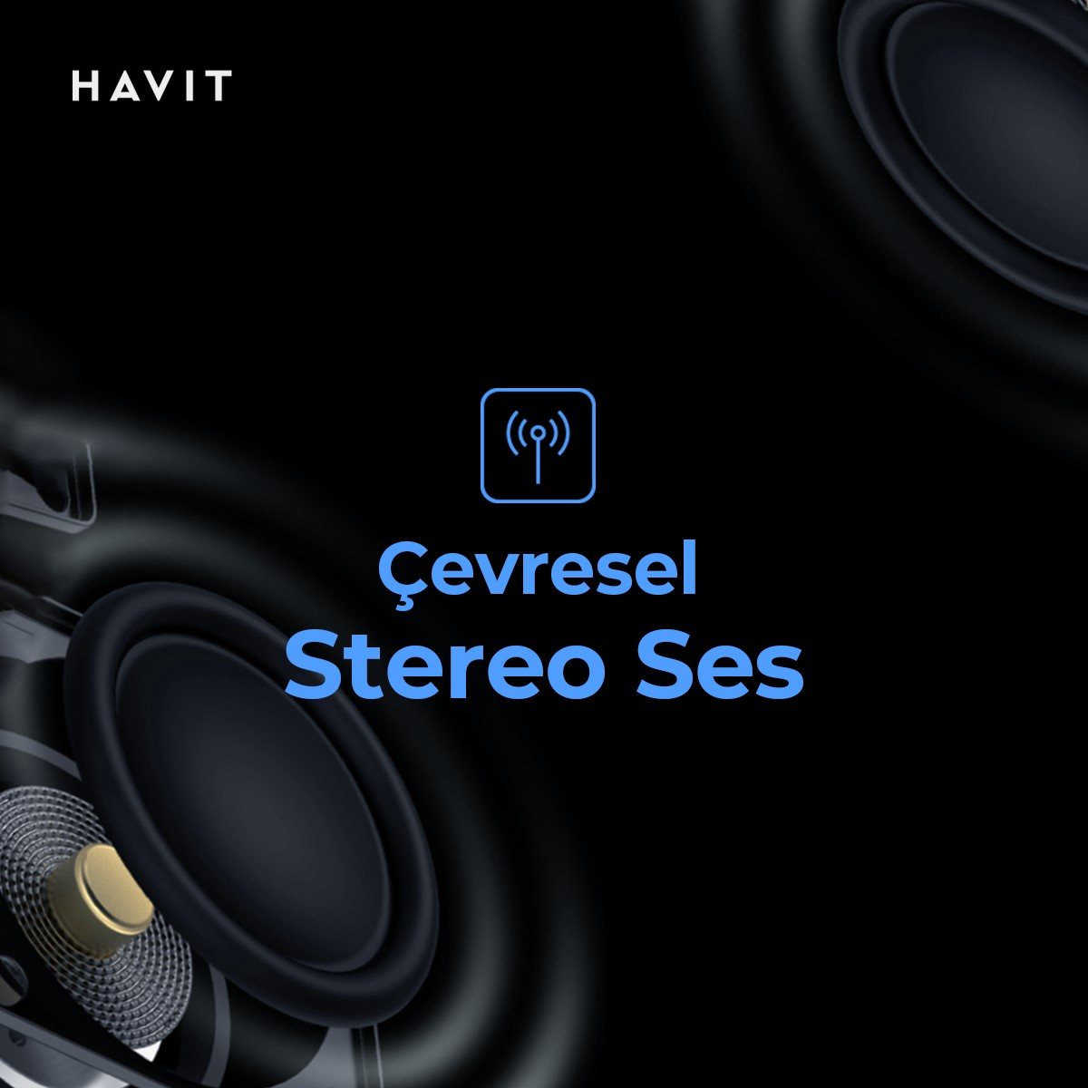 İki hoparlör ve metin içeren siyah arka plan: Çevresel Stereo Ses.