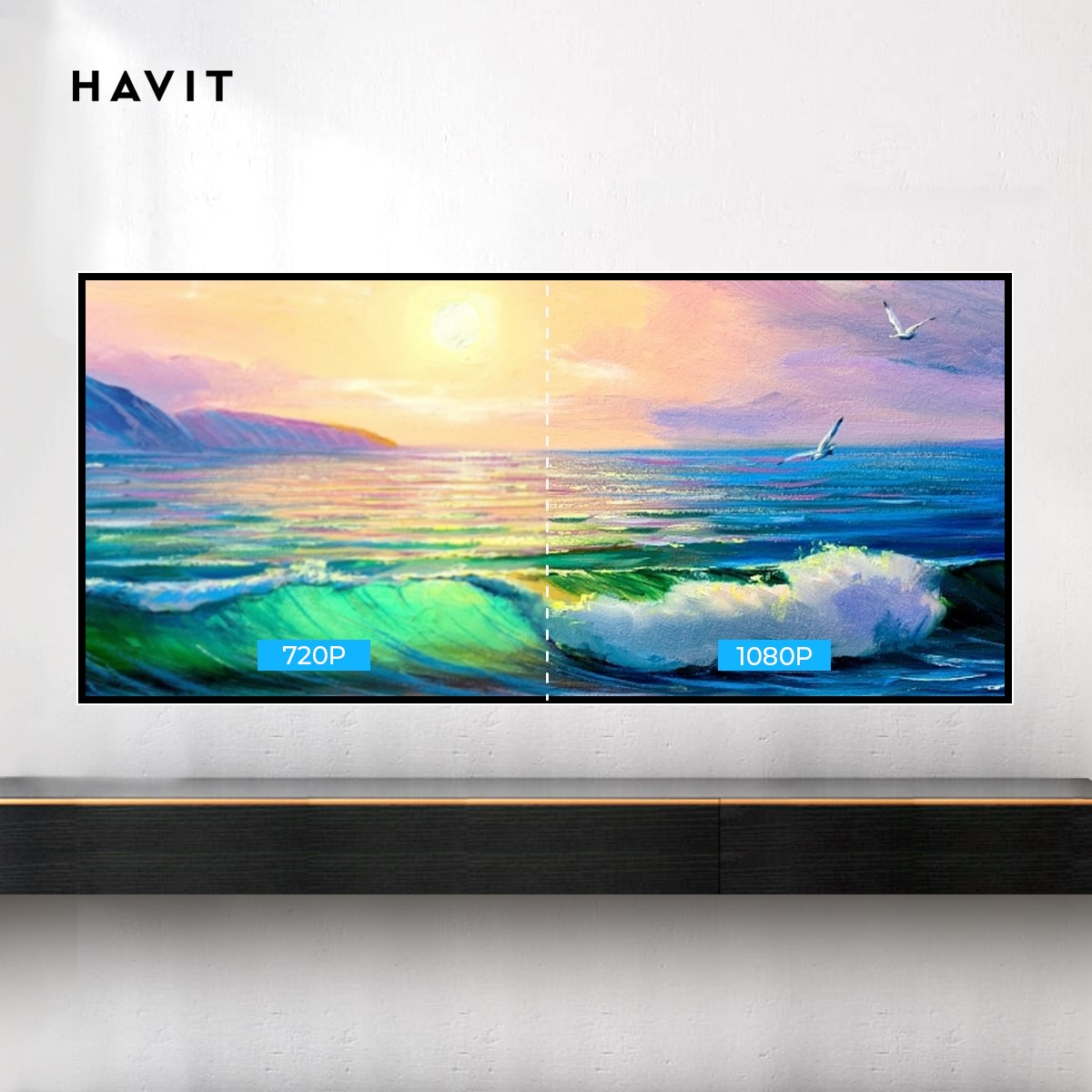 Bölünmüş bir deniz manzarasını gösteren bir ekran. Bir taraf 720p, diğer taraf 1080p gösteriyor. Metin HAVIT diyor.