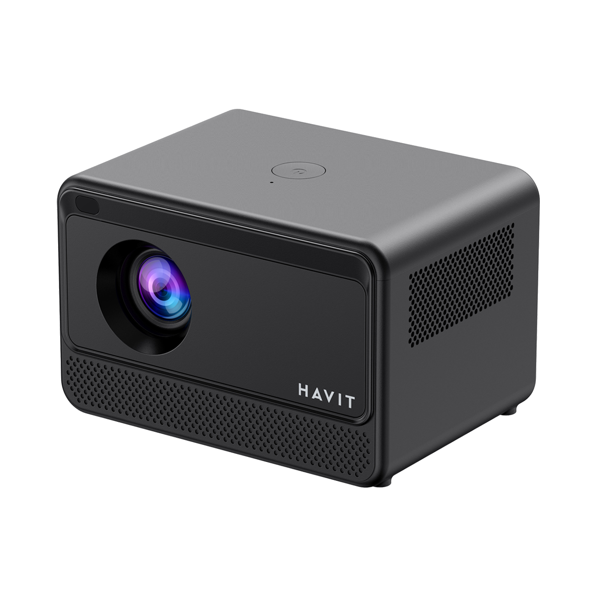 Siyah HAVIT projektör, görünür lens ve havalandırma. Gümüş vurgular ve ön hoparlör.