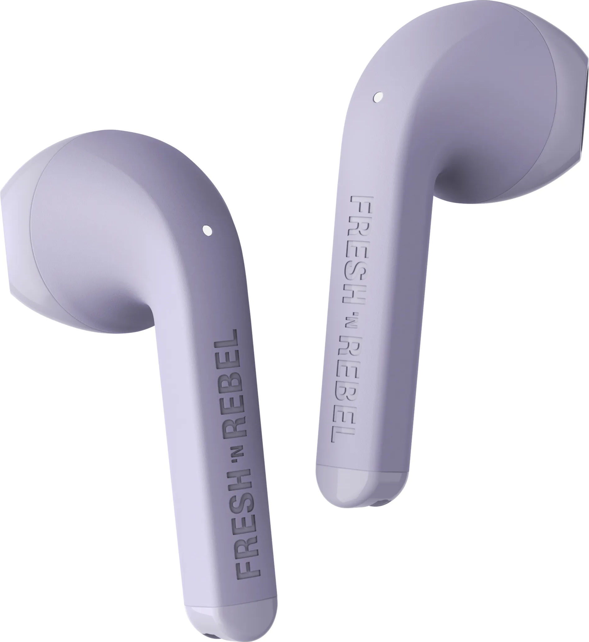Deux écouteurs Fresh 'n Rebel violets, avec le nom de la marque imprimé dessus.