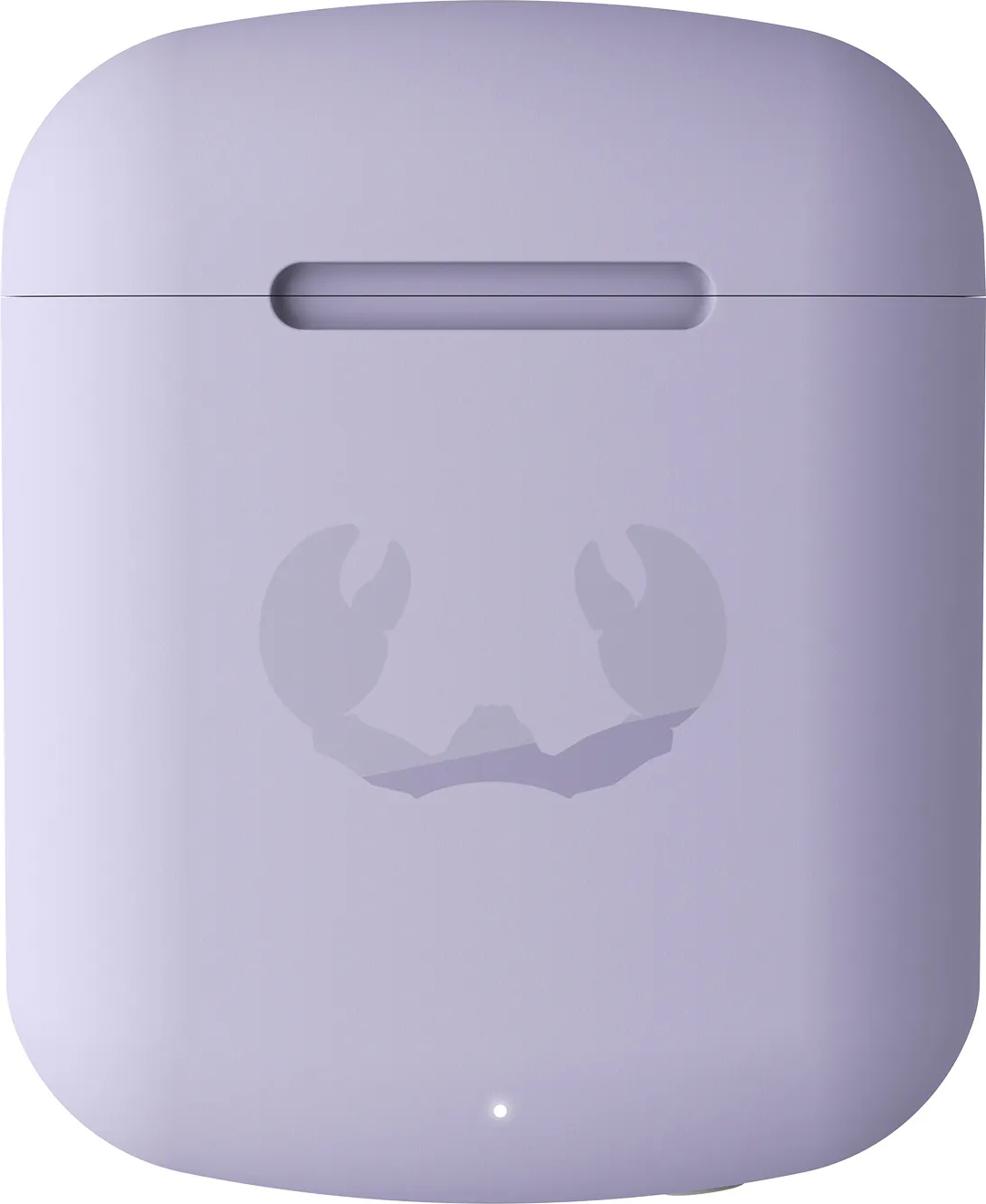 Un étui de chargement violet clair avec le logo du crabe. Il est fermé et possède une petite lumière.