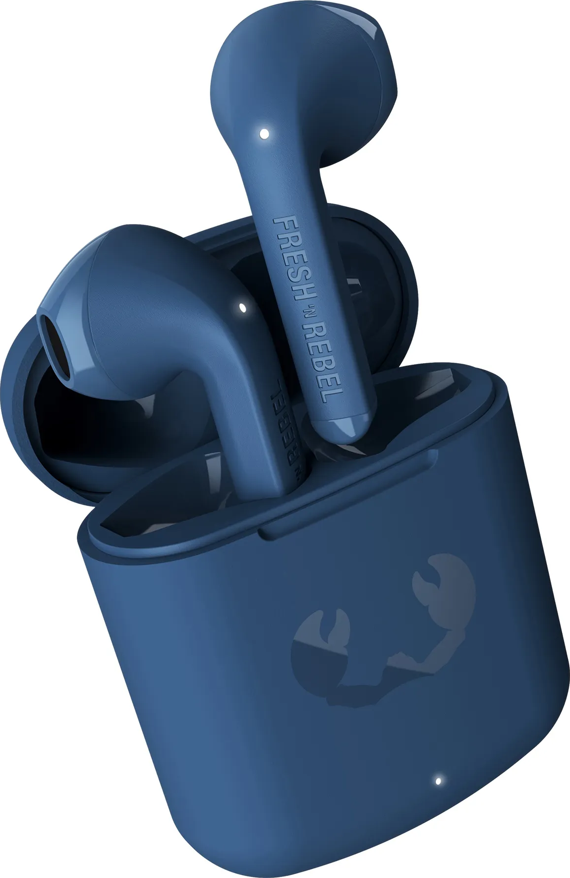 Blaue kabellose Ohrhörer und Ladecase. Fresh Rebel Logo ist auf den Ohrhörern.