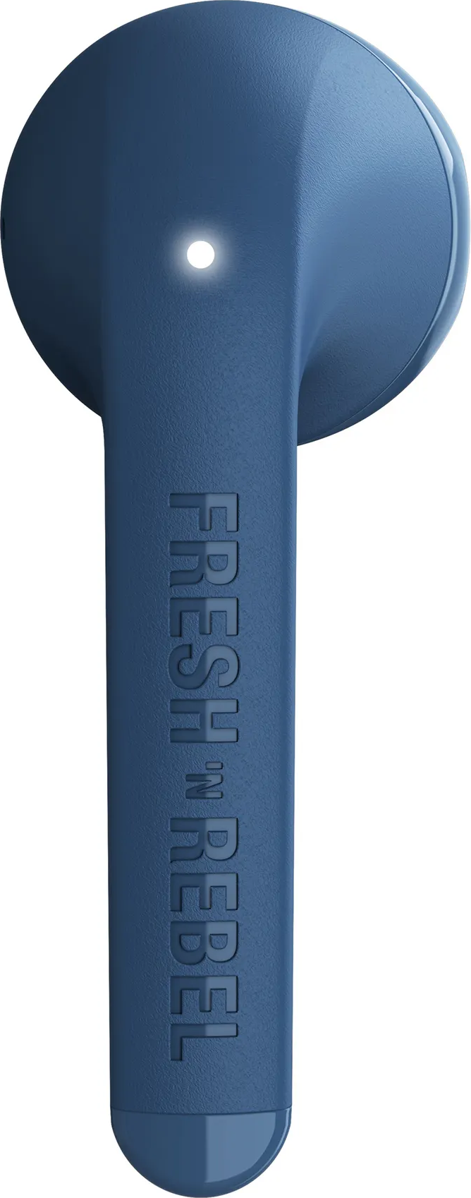 Blauer Ohrhörer mit einem weißen Licht oben. Der Text FRESH 'N REBEL ist sichtbar.