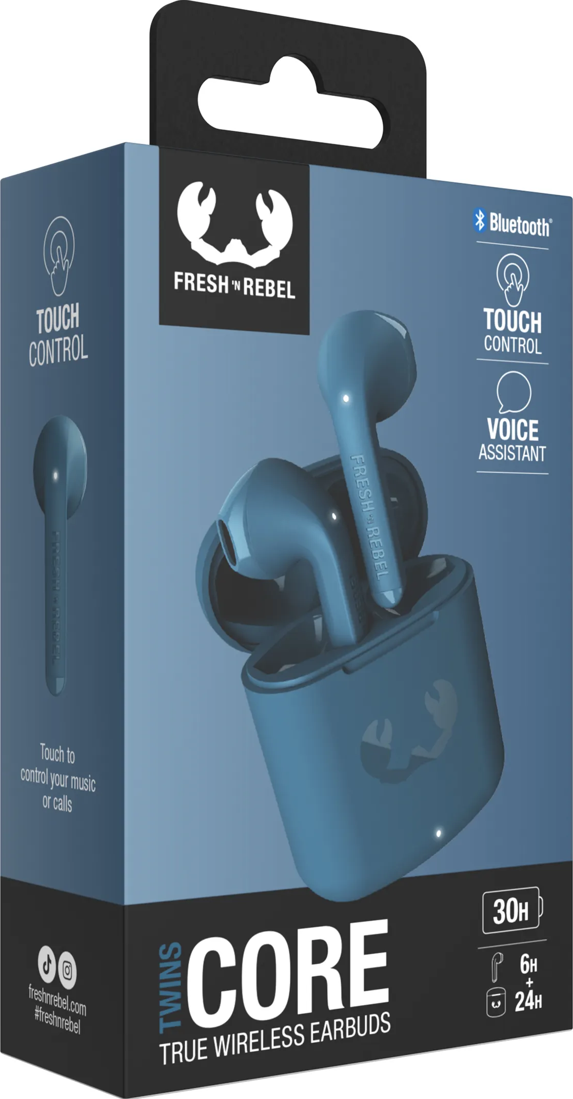 Blaue Fresh 'n Rebel Twins Core Ohrhörer in einem Ladecase. Blaue Box.