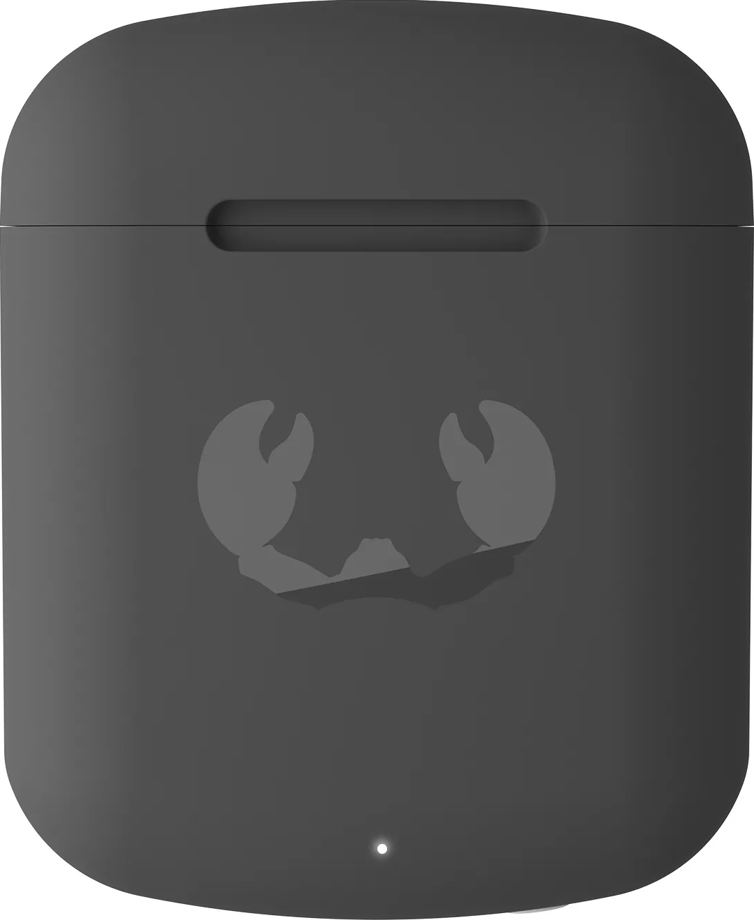 Eine dunkelgraue Hülle für AirPods mit einem Krebsdesign auf der Vorderseite.