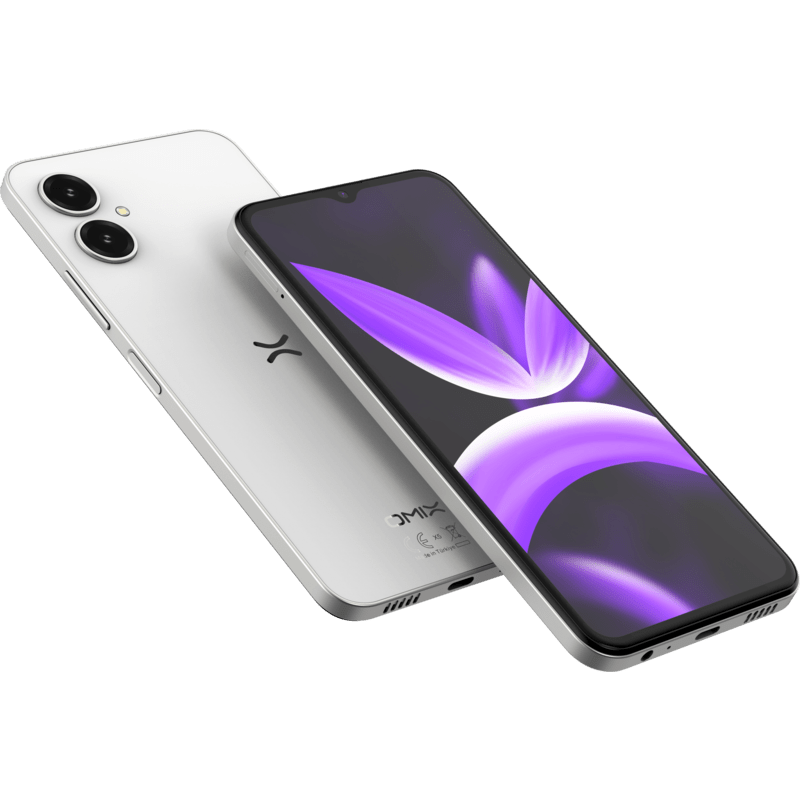 Mor bir ekran gösteren iki beyaz akıllı telefon, siyah bir arka plan üzerinde.