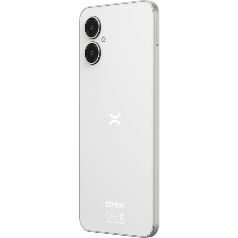 İki arka kamerası, gümüş çerçevesi ve 'OMIX' logosu olan beyaz bir cep telefonu, koyu bir arka planda.