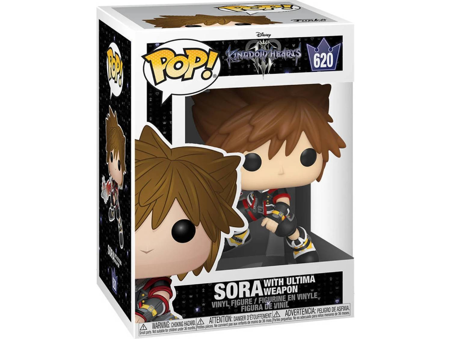 Una caja Funko Pop! de Sora con Ultima Weapon de Kingdom Hearts. La caja tiene un diseño en blanco y negro.