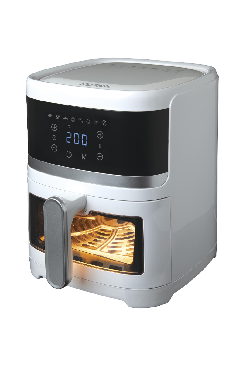 Weißer Airfryer mit Digitalanzeige, die 200 anzeigt. Zeigt den Innenkorb und den Griff.