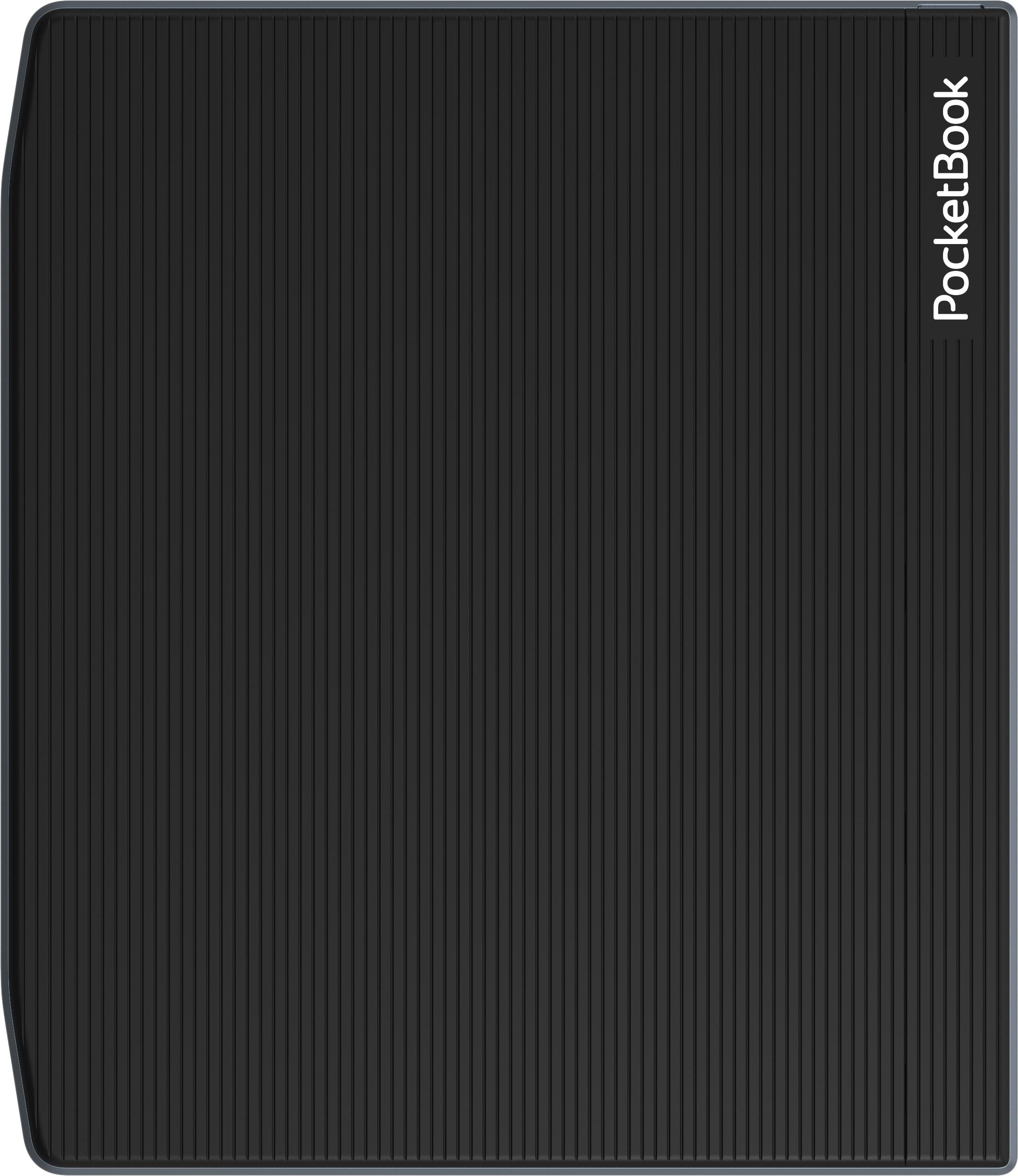 Ein schwarzes PocketBook-Gerät mit strukturierter Oberfläche, der Markenname ist weiß gedruckt.