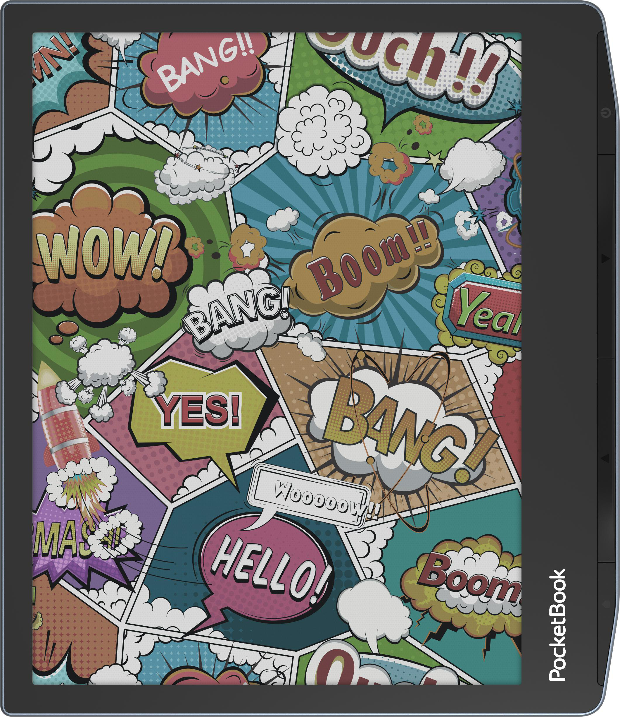 E-Reader mit Comic-Panels und Sprechblasen, Wörtern wie 'Wow!' und 'Bang!'.