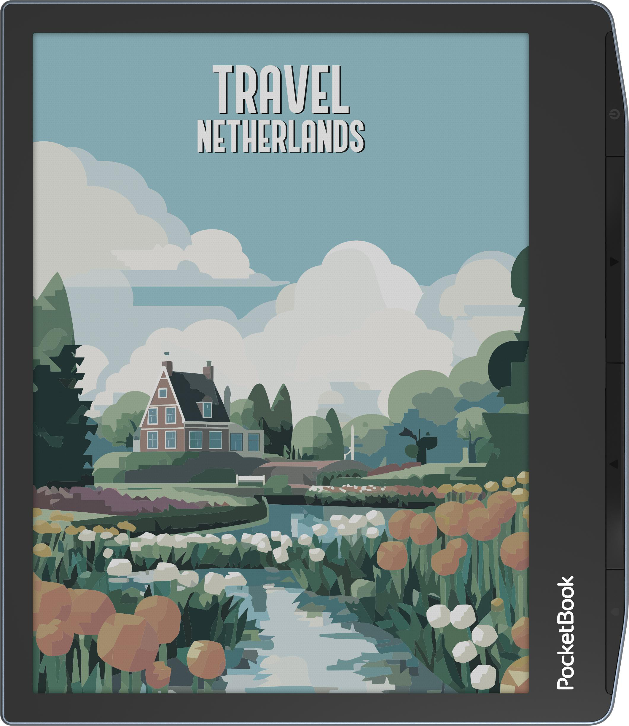 Ein E-Reader zeigt ein farbenfrohes Bild mit einem Haus und 'Travel Netherlands'.