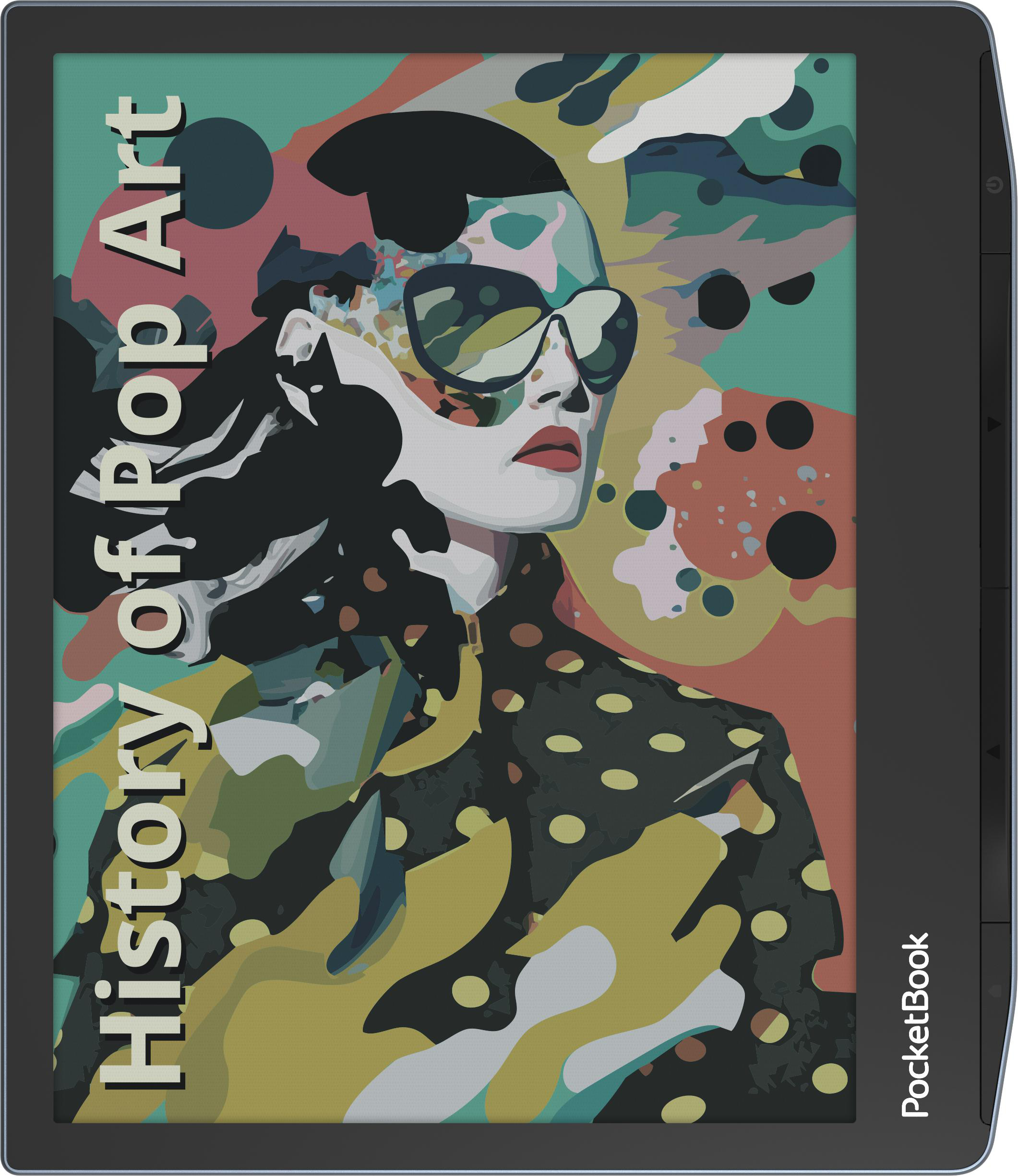 Ein E-Reader zeigt ein Pop-Art-Bild einer Frau. Der Text 'History of Pop Art' ist vorhanden.