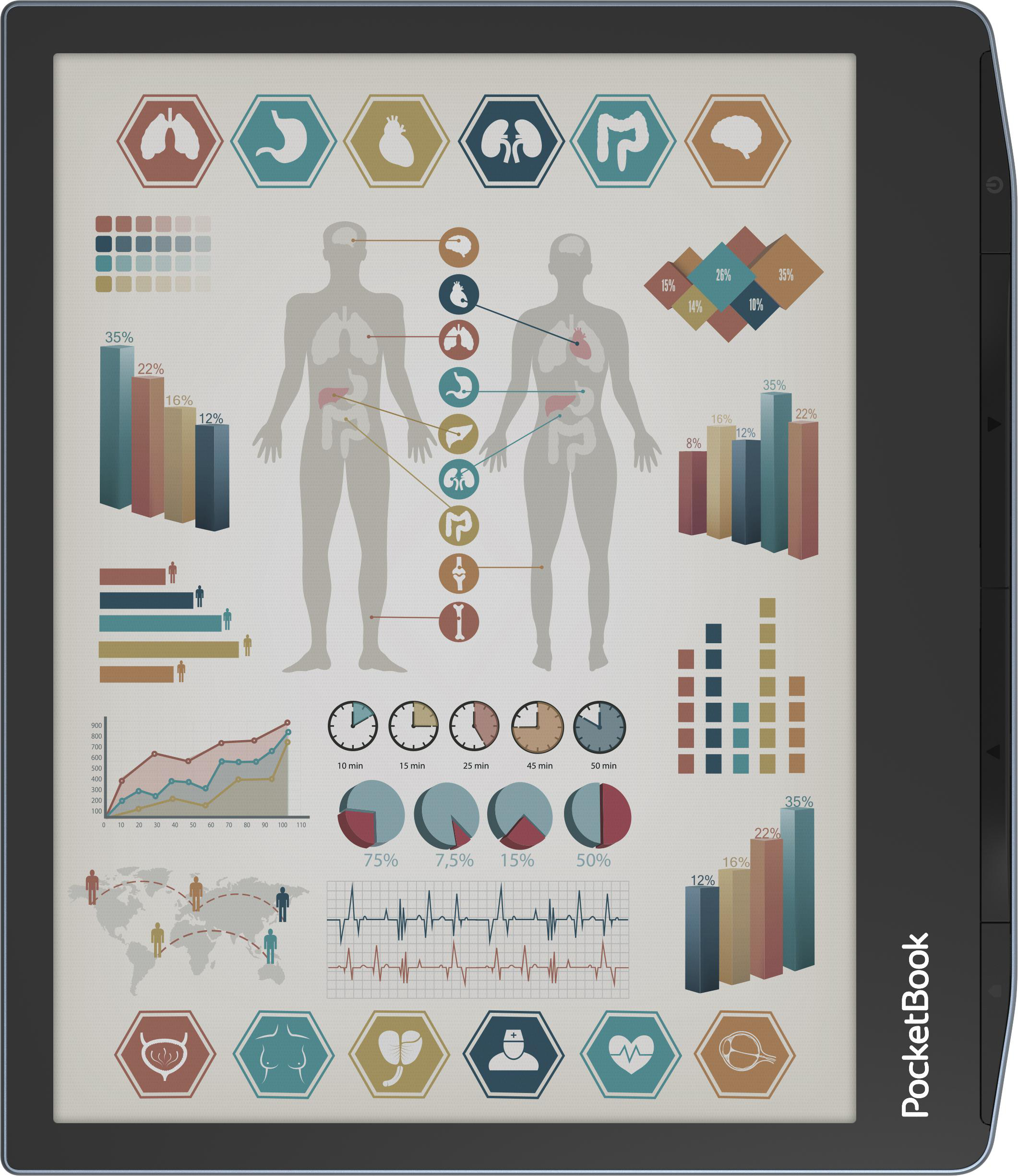 Diagramm auf einem Tablet-Bildschirm, das menschliche Anatomie, Diagramme und Gesundheitsdaten zeigt.