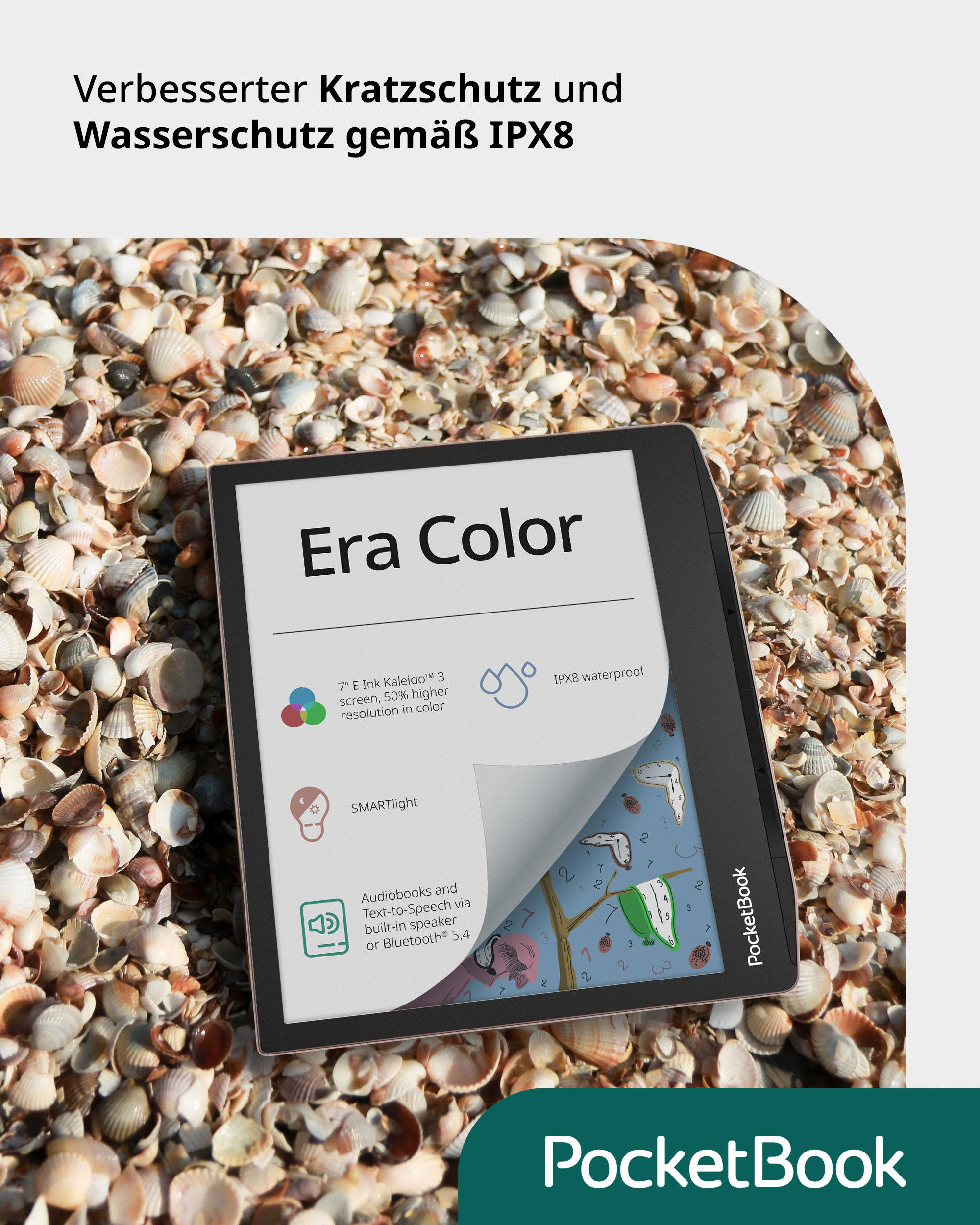 E-Reader vor Strandhintergrund mit Text über die Produktmerkmale.