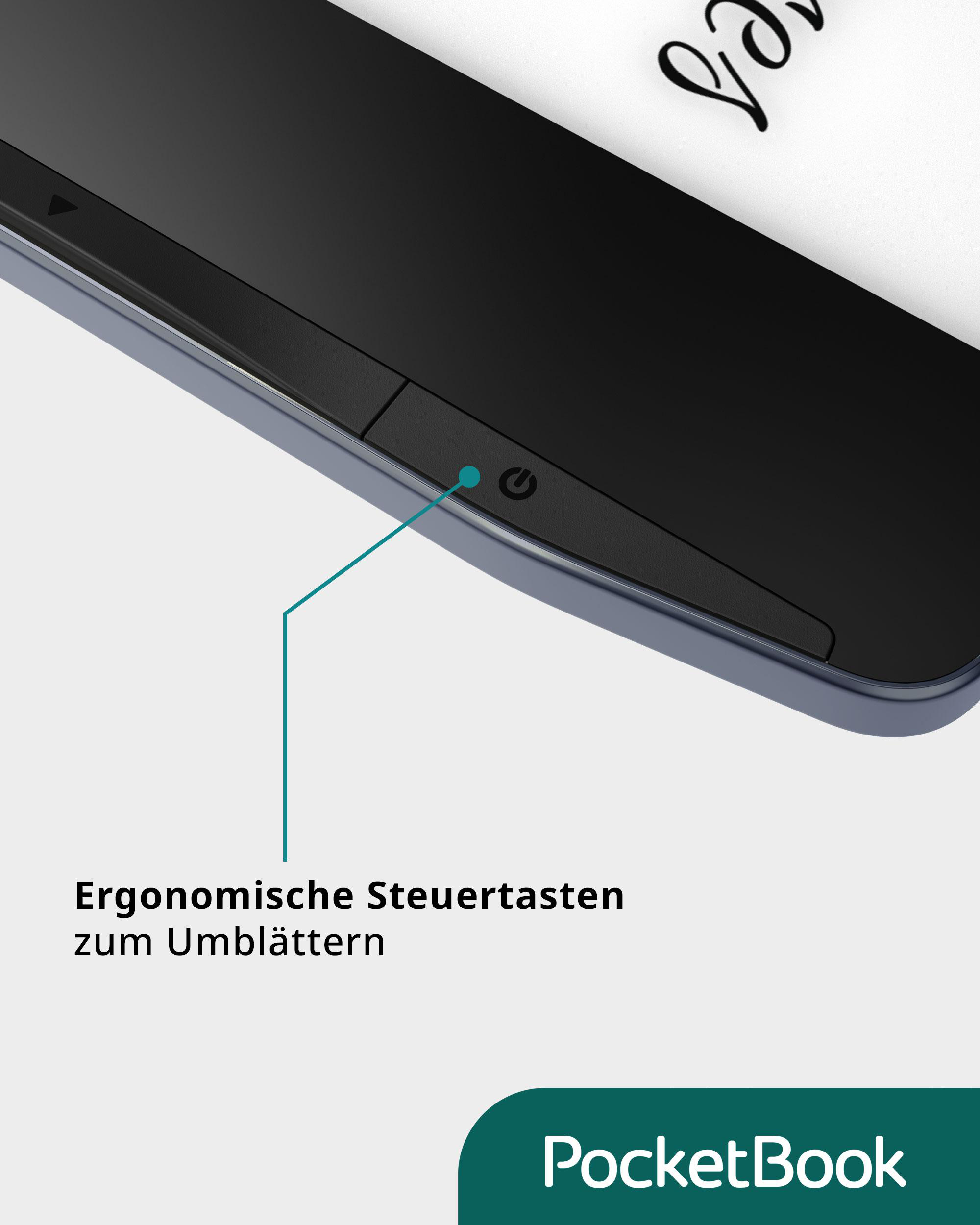 Nahaufnahme eines schwarzen E-Readers mit Ein-/Aus-Taste. PocketBook-Logo unten.