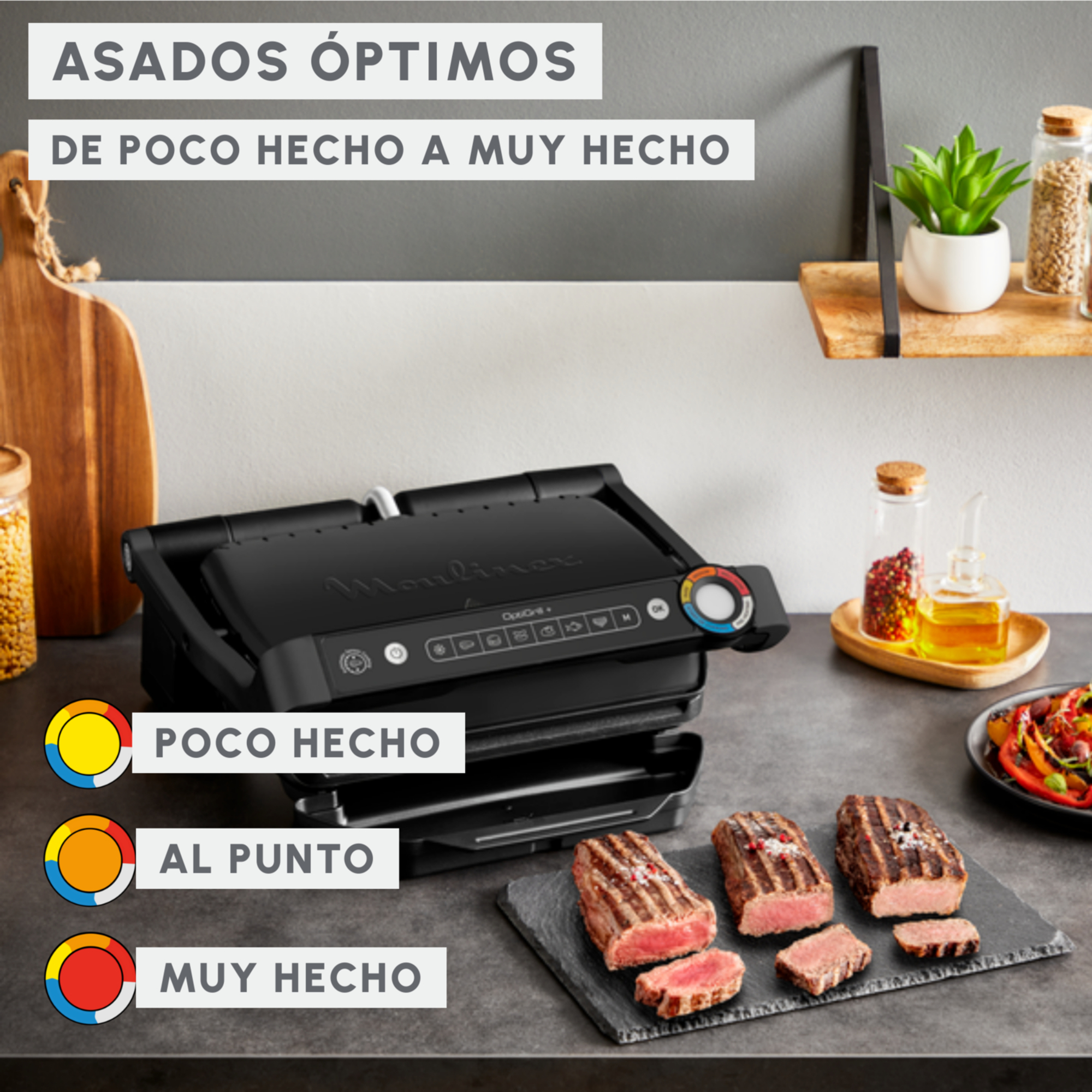 Carne a la parrilla en una Moulinex OptiGrill con texto que indica los niveles de cocción.