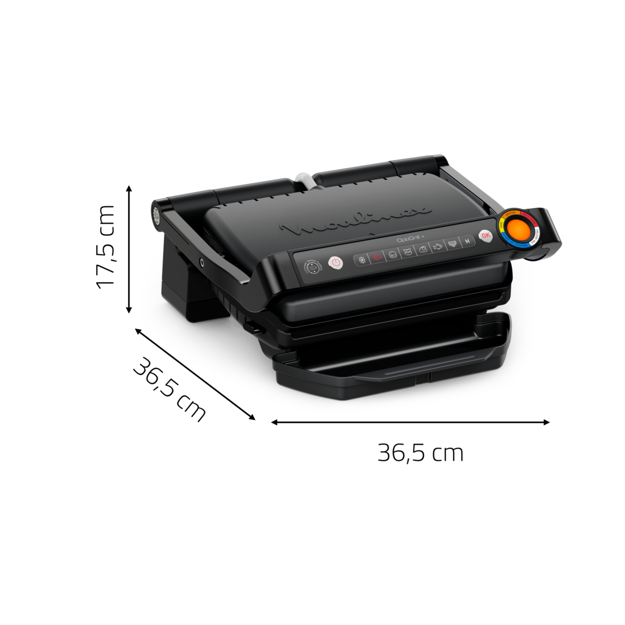 Optigrill Moulinex negro con dimensiones en cm sobre fondo blanco.