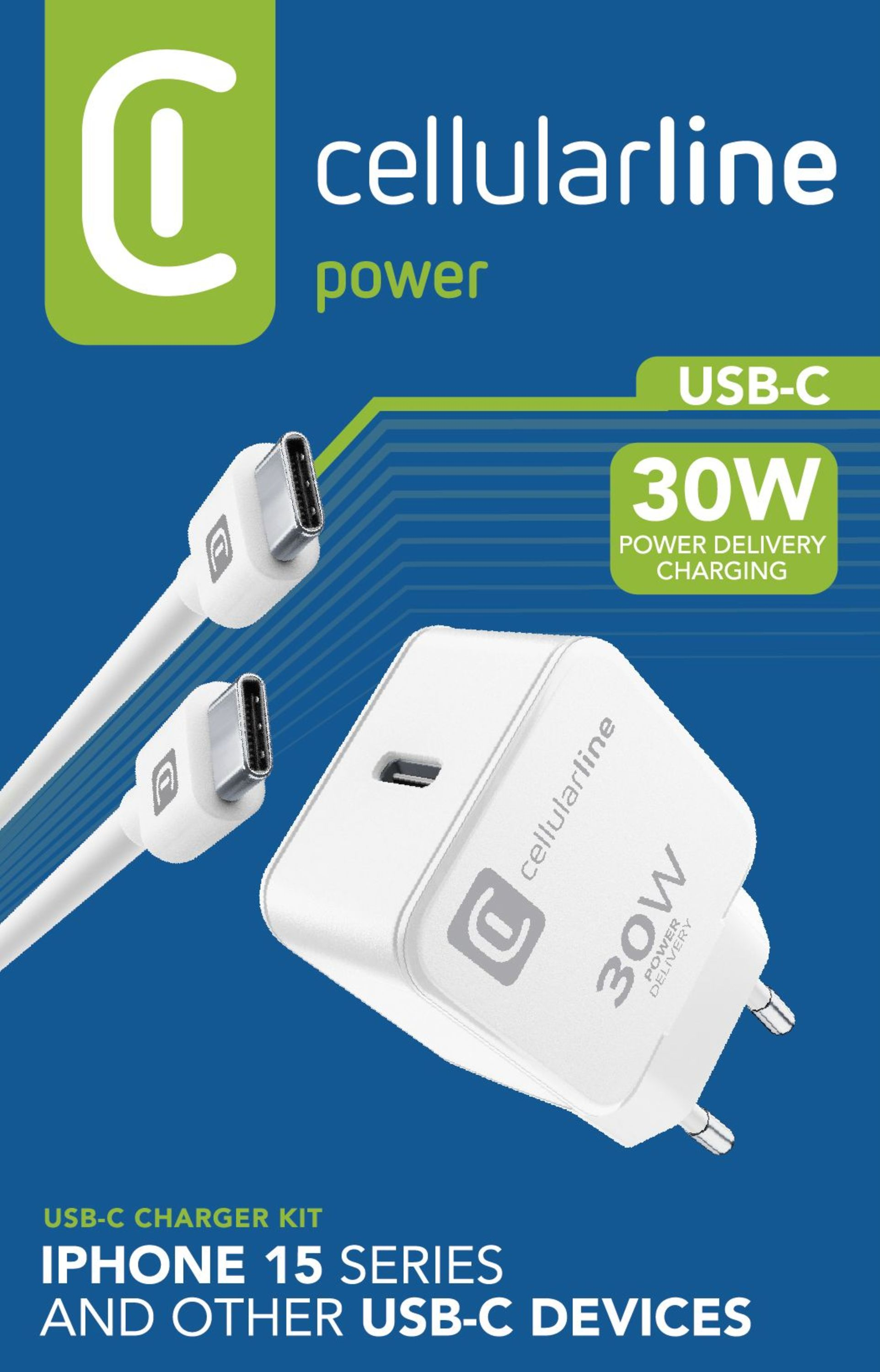 Beyaz şarj cihazı ve mavi arka plan ve metin ile iki beyaz USB-C kablosu.