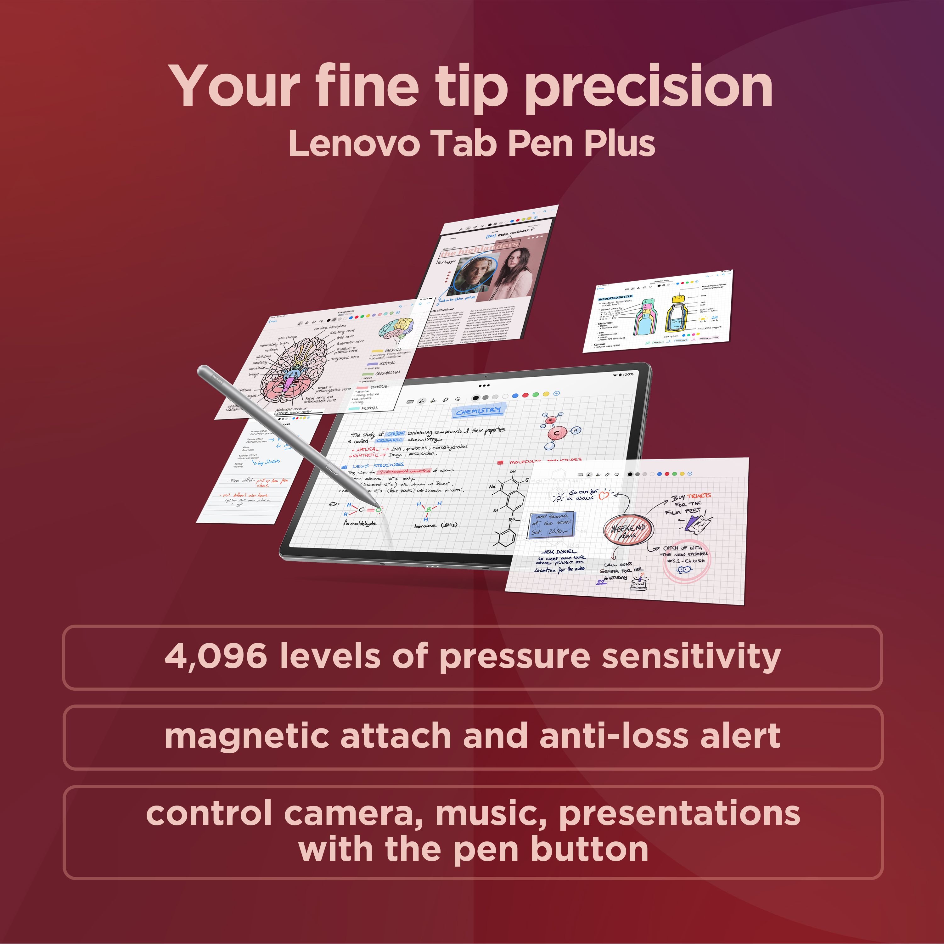 Una tableta con un bolígrafo y notas. El texto promociona características: sensibilidad a la presión, fijación magnética y control.