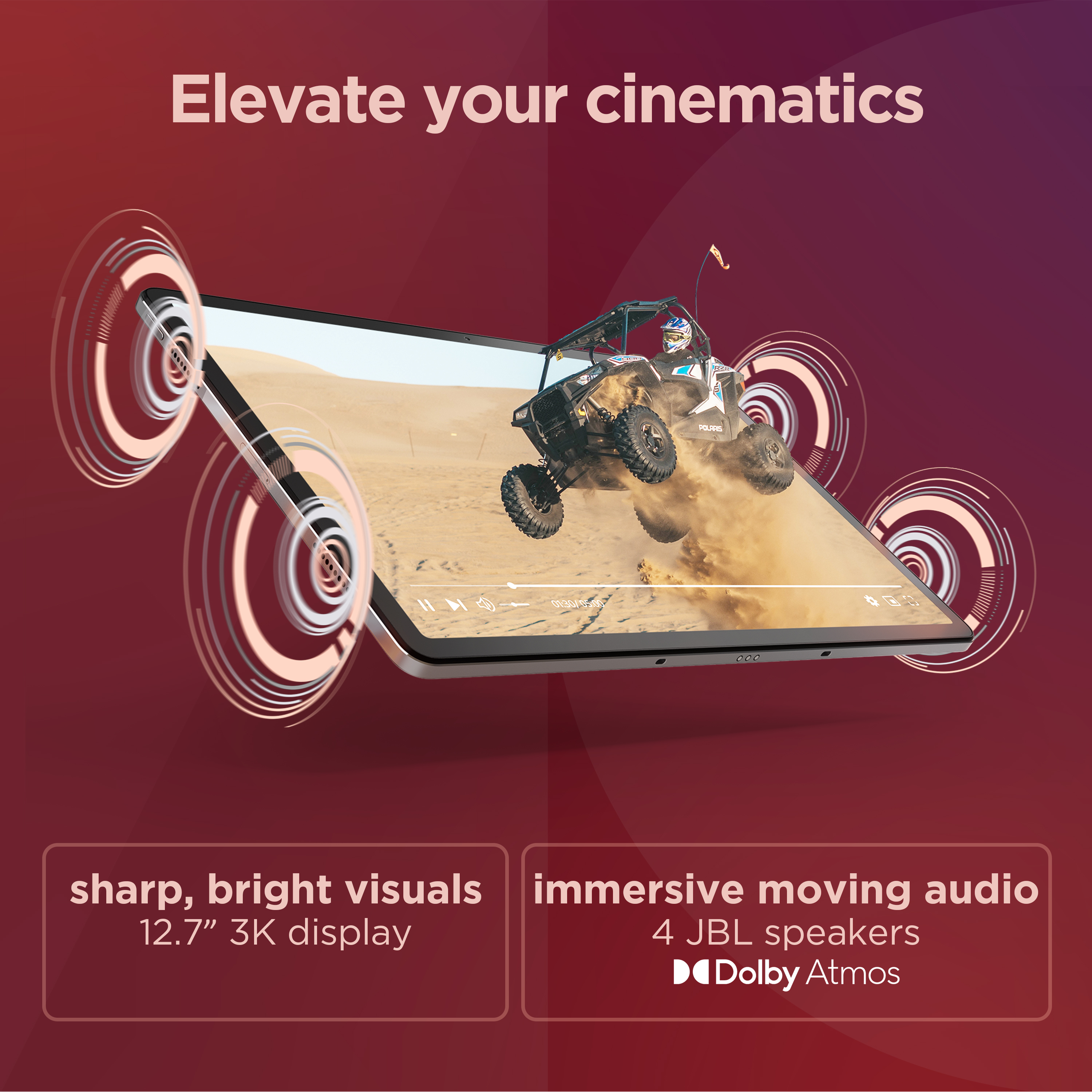 Una tableta con un video de un buggy. El texto dice 'Eleva tu cinematografía'.