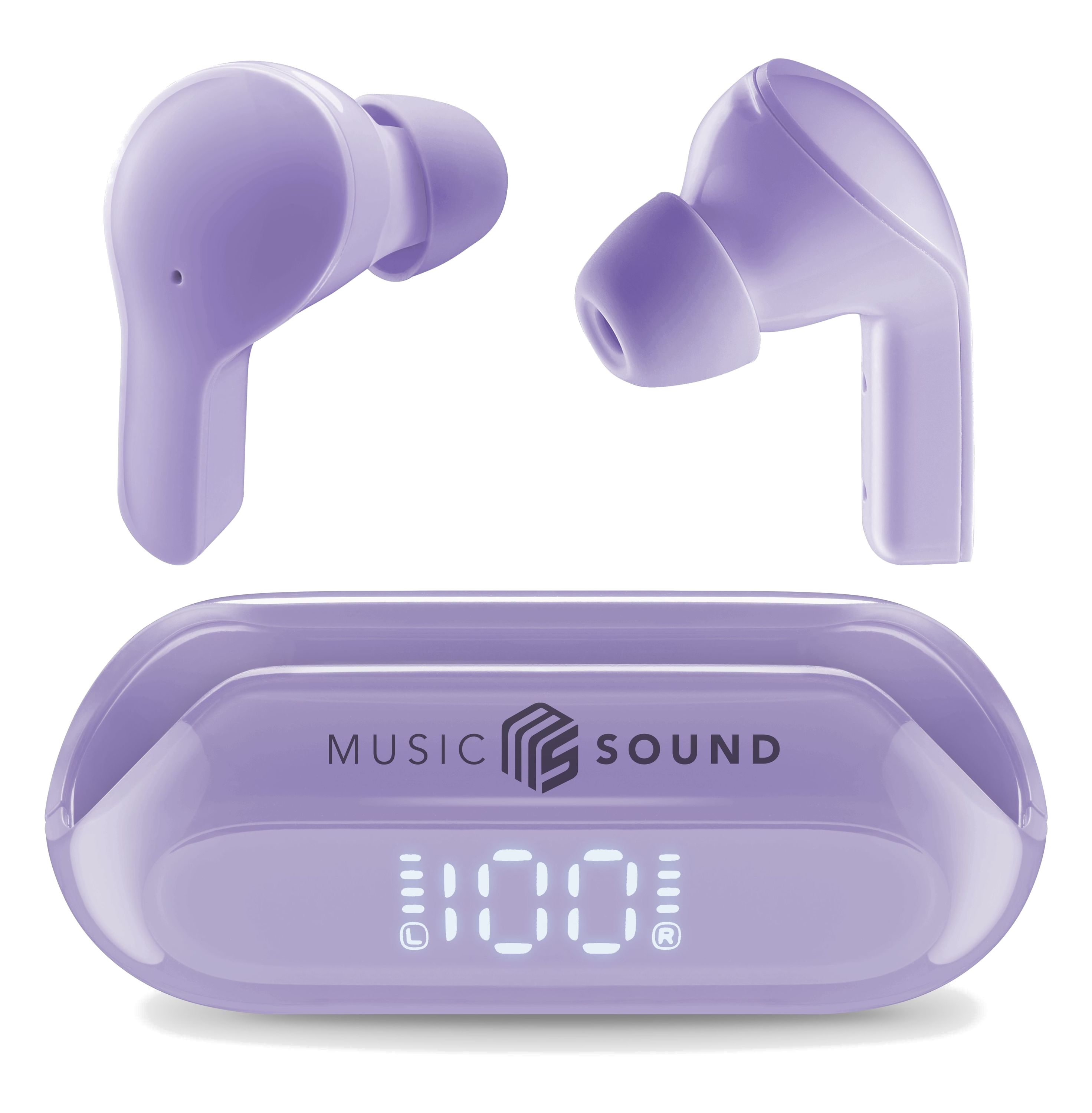 Mor kulaklıklar ve '100' gösteren dijital ekranlı şarj kutusu. Marka 'Music Sound'.