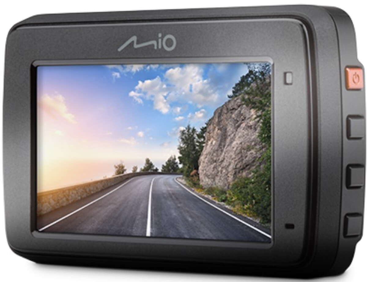 Kamera samochodowa wyświetlająca scenę drogową z drogą i drzewami, ciemna ramka z pomarańczowym przyciskiem.