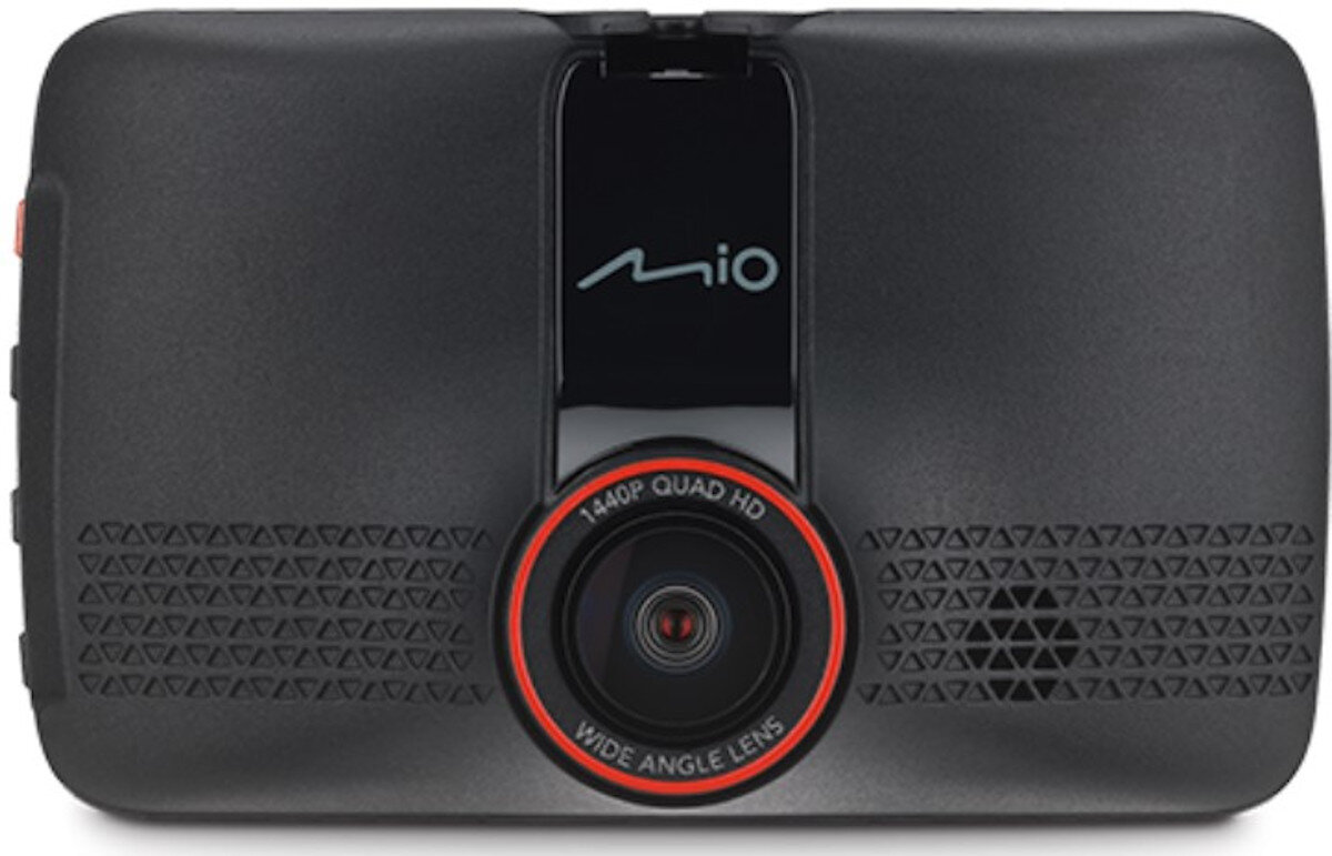 Czarna kamera samochodowa z obiektywem szerokokątnym i czerwonym okręgiem wokół obiektywu.