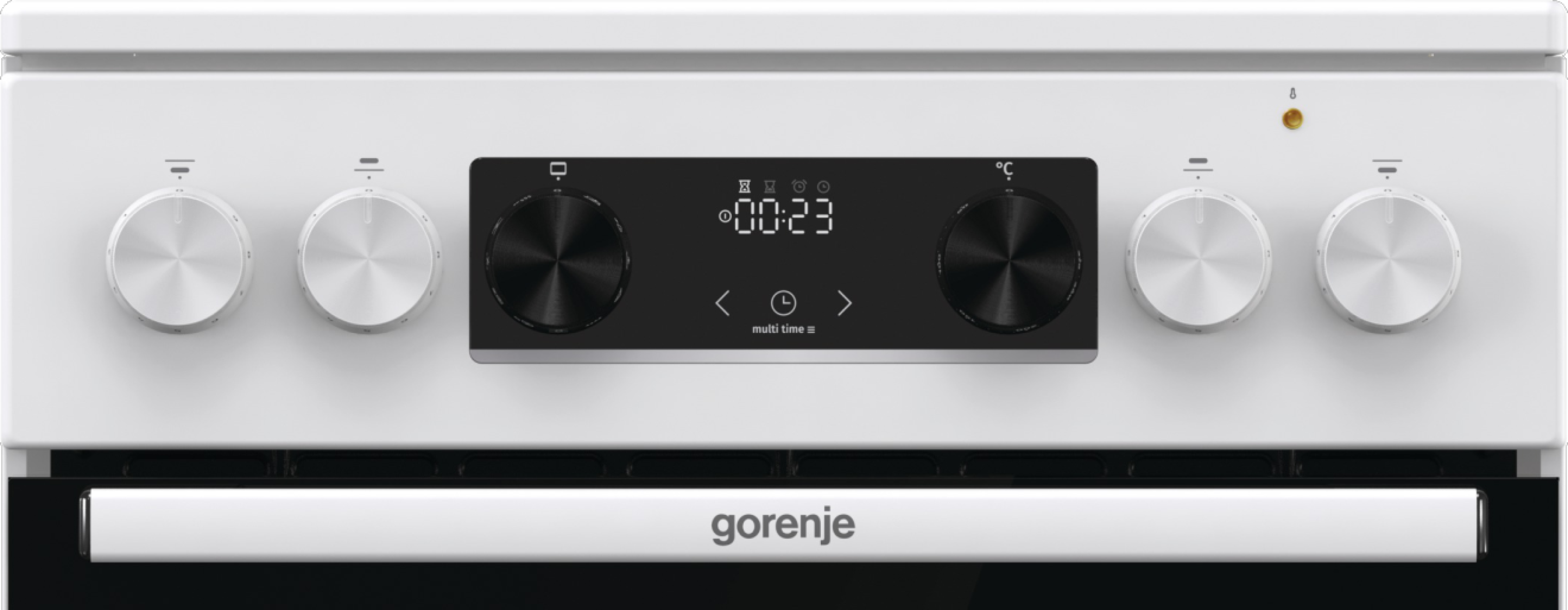 Sütő vezérlőpanelje gombokkal, digitális kijelzővel, ami az időt mutatja, alul a gorenje márkával.