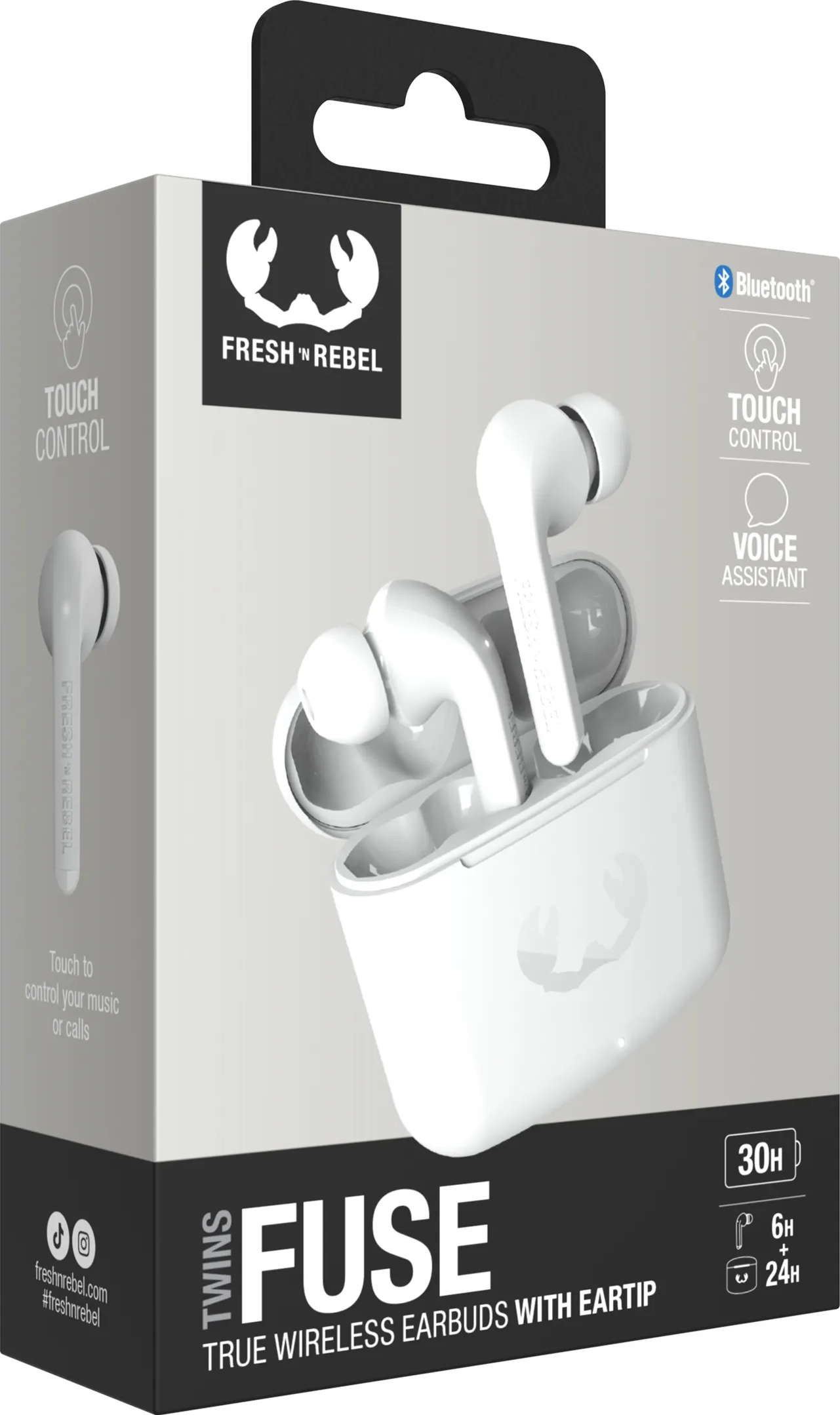 Ohrhörer in einem weißen Ladecase, mit Verpackung, die Funktionen wie Touch-Steuerung zeigt.