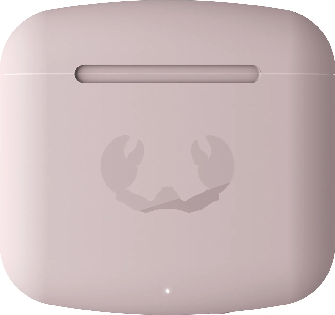 Rosa Ladeetui für Ohrhörer. Etui hat ein krabbenartiges Logo und eine kleine weiße LED-Leuchte.