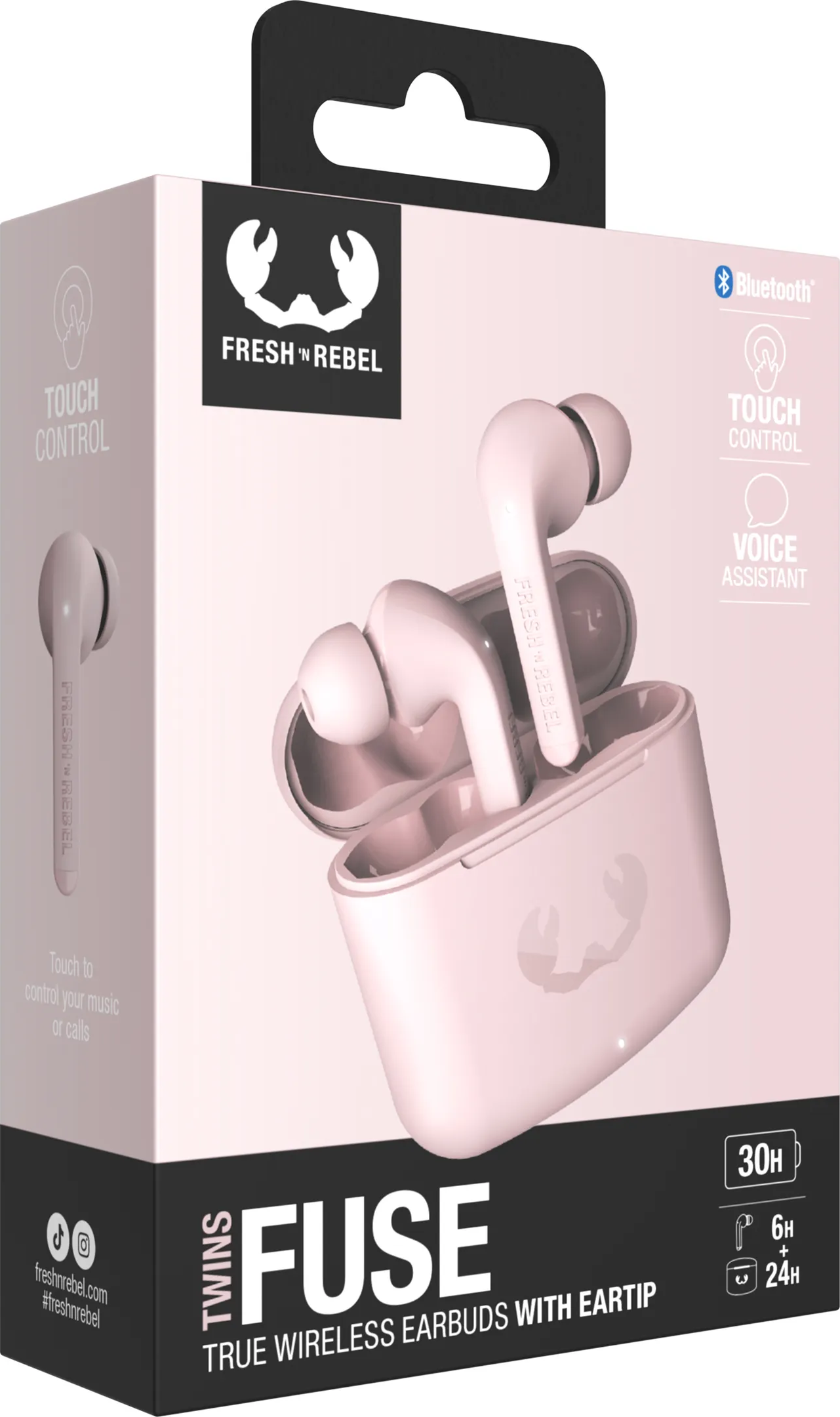 Ohrhörer in einem rosa Ladecase, mit Text, der Touch-Steuerung, Sprachassistenten und Bluetooth anzeigt.