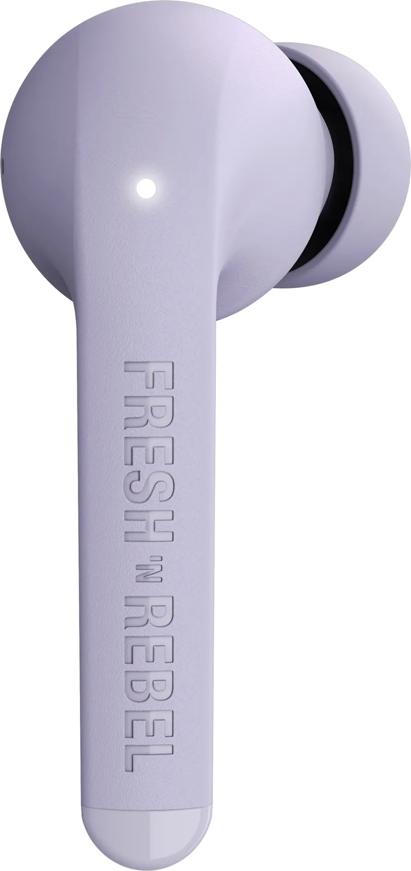Lila Fresh 'n Rebel kabelloser Ohrhörer mit weißem Licht am Stiel.