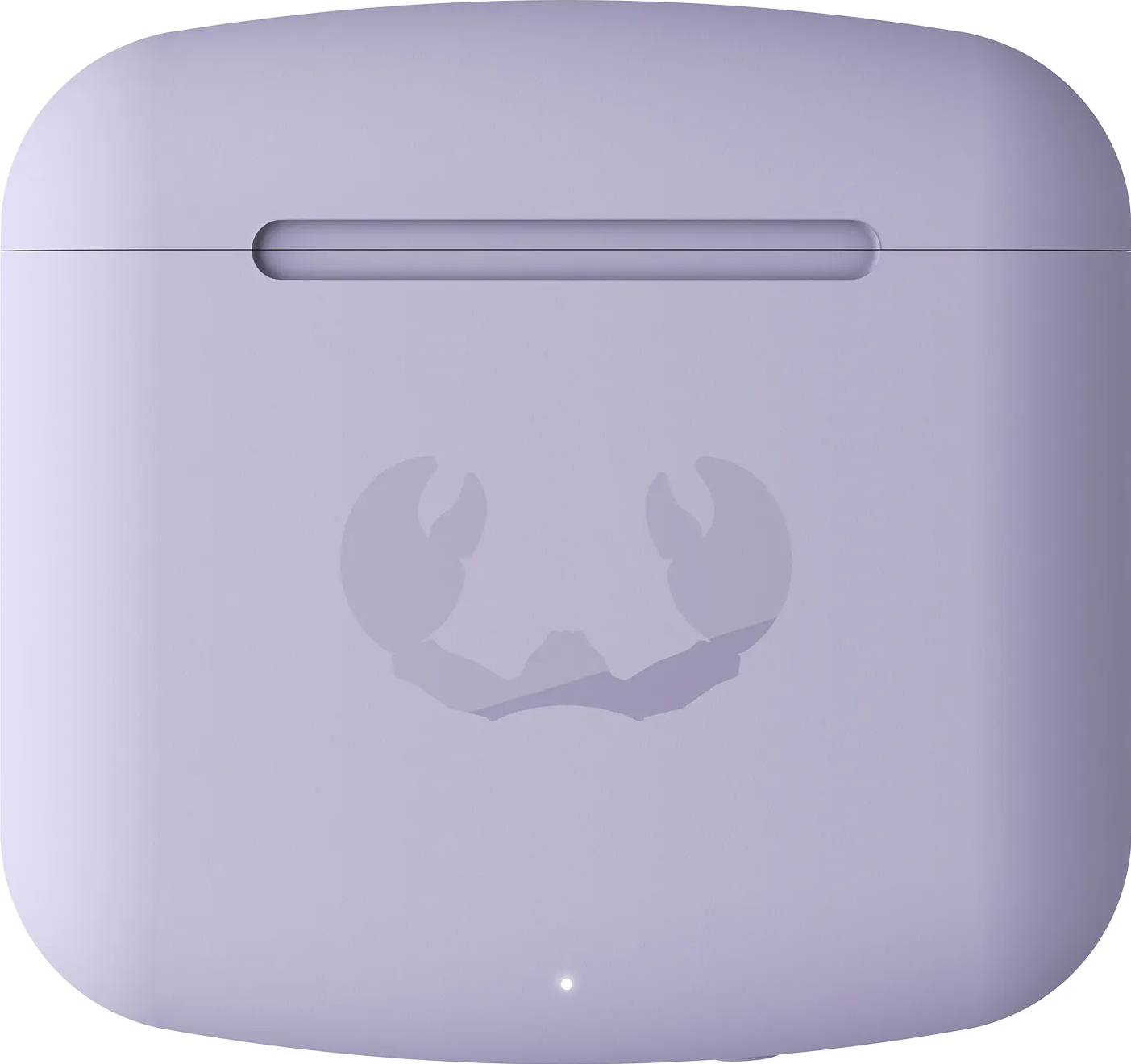 Lila AirPods-Hülle mit einem Krebslogo. Weißes Licht unten. Weißer Hintergrund.