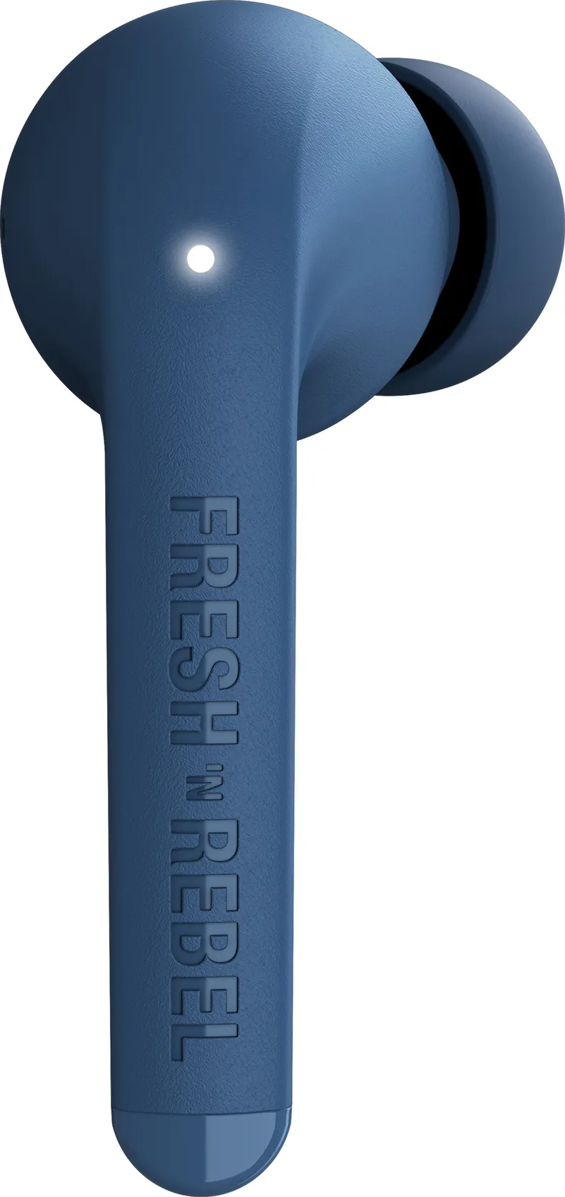 Blauer Fresh 'n Rebel Ohrhörer. Der Markenname ist sichtbar. Mit kleinem weißen Licht oben.