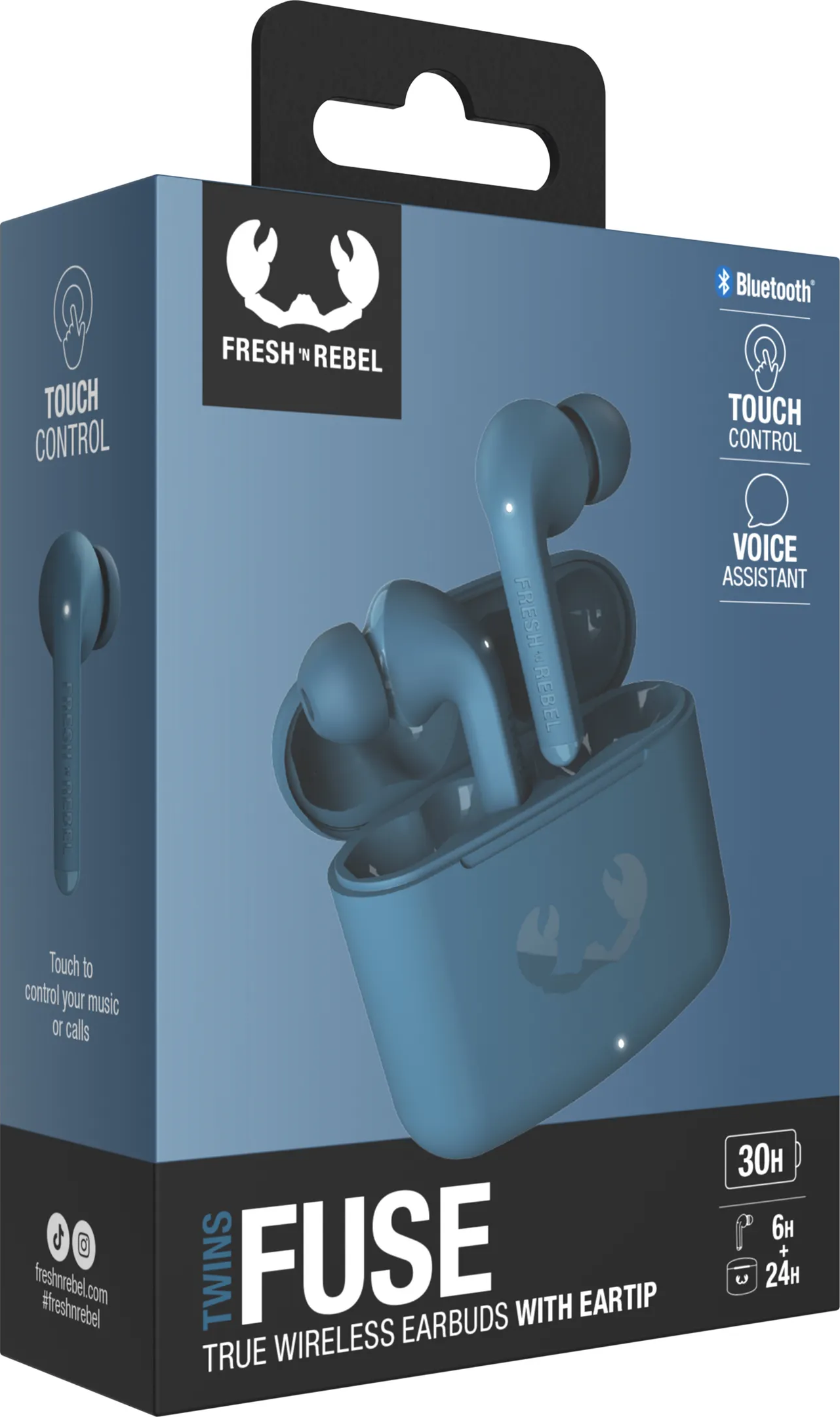 Blaue Ohrhörer in einer blauen Box. Die Box trägt 'FRESH 'N REBEL' und weitere Produktinformationen.