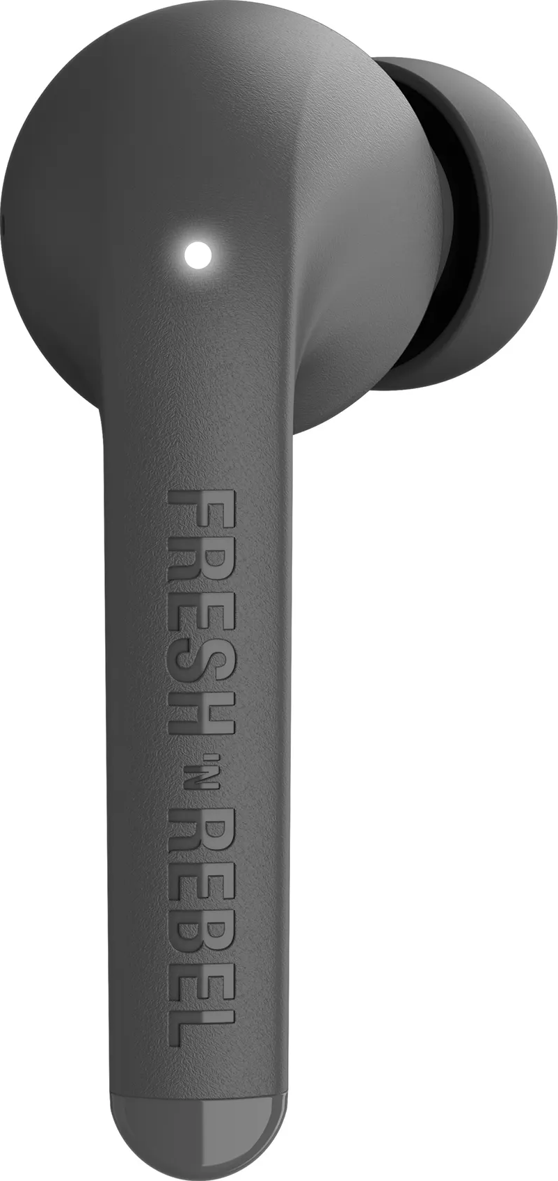 Ein schwarzer Fresh 'n Rebel Ohrhörer, der den Markennamen zeigt, mit einem weißen Licht oben.
