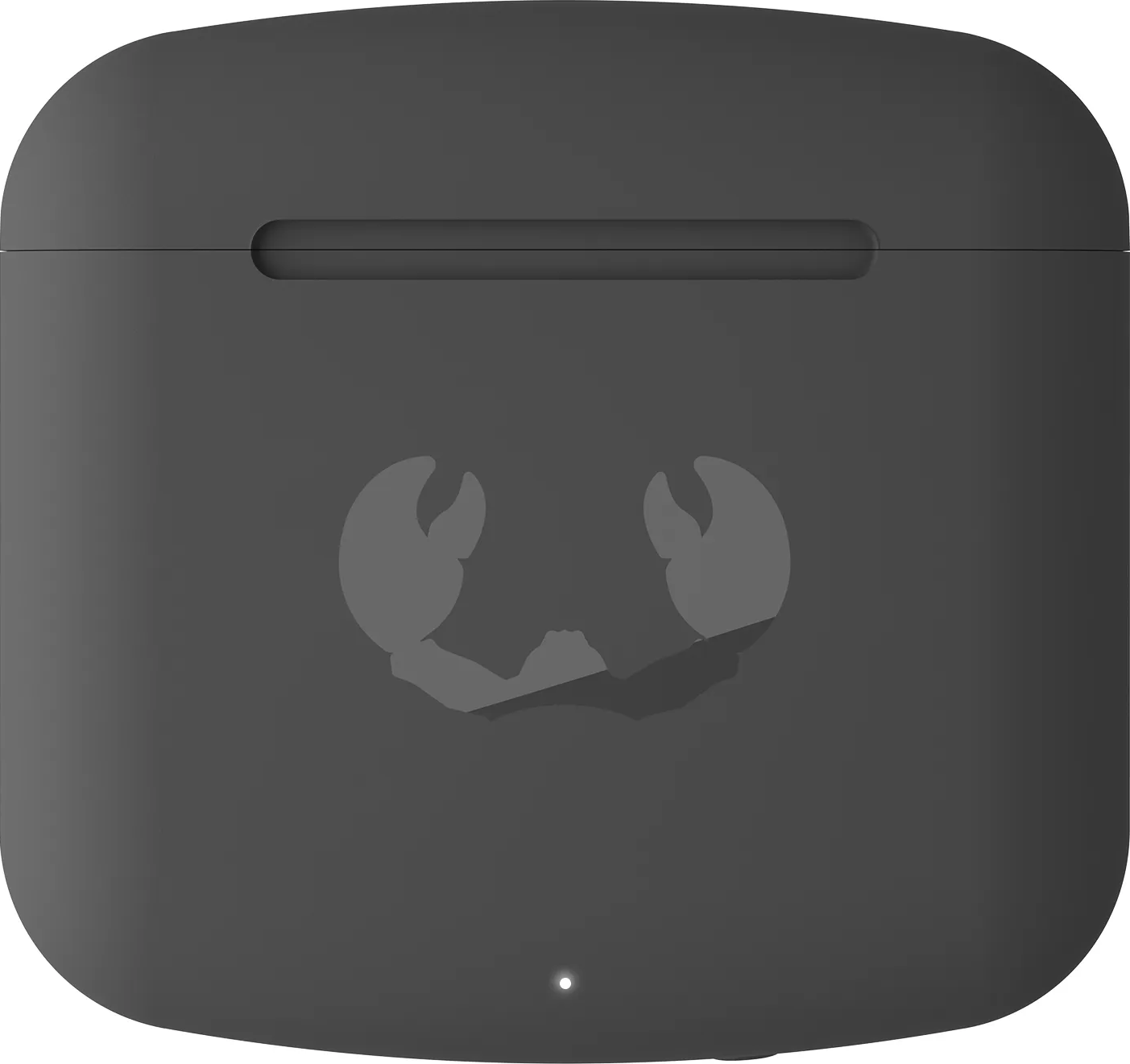 Ein dunkelgraues Etui für AirPods mit einem Krabbenlogo.