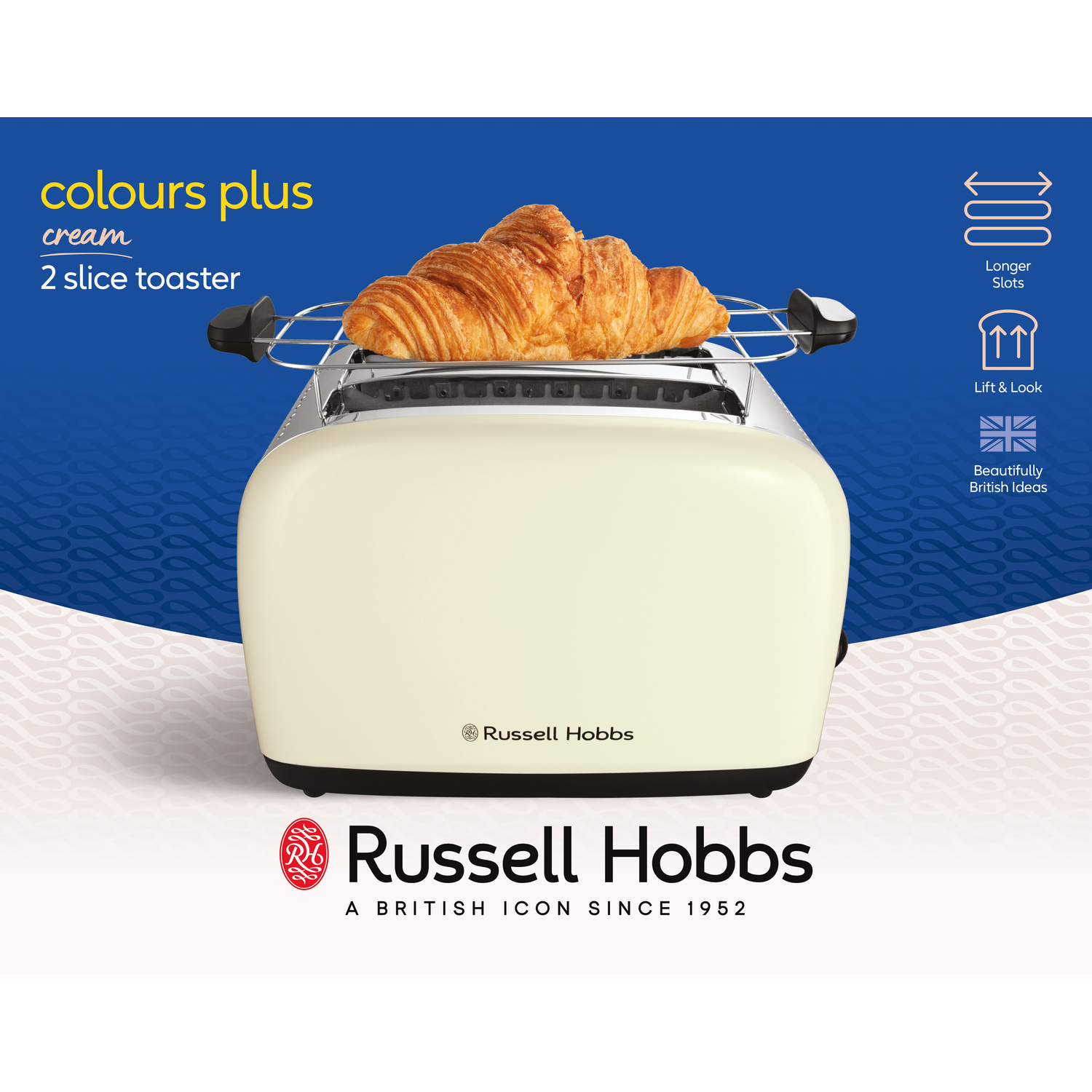 A cream-colored toaster with a croissant inside and text, on a white background.