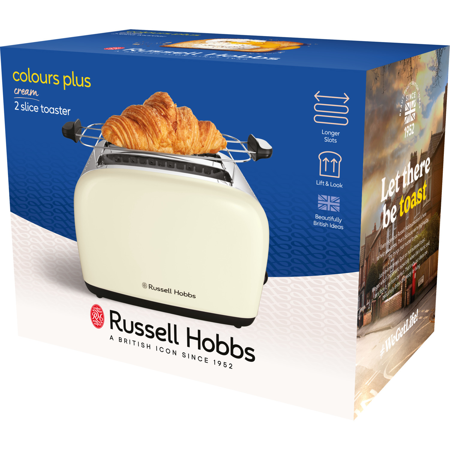 Cream Russell Hobbs toaster in its box, with croissants on top.