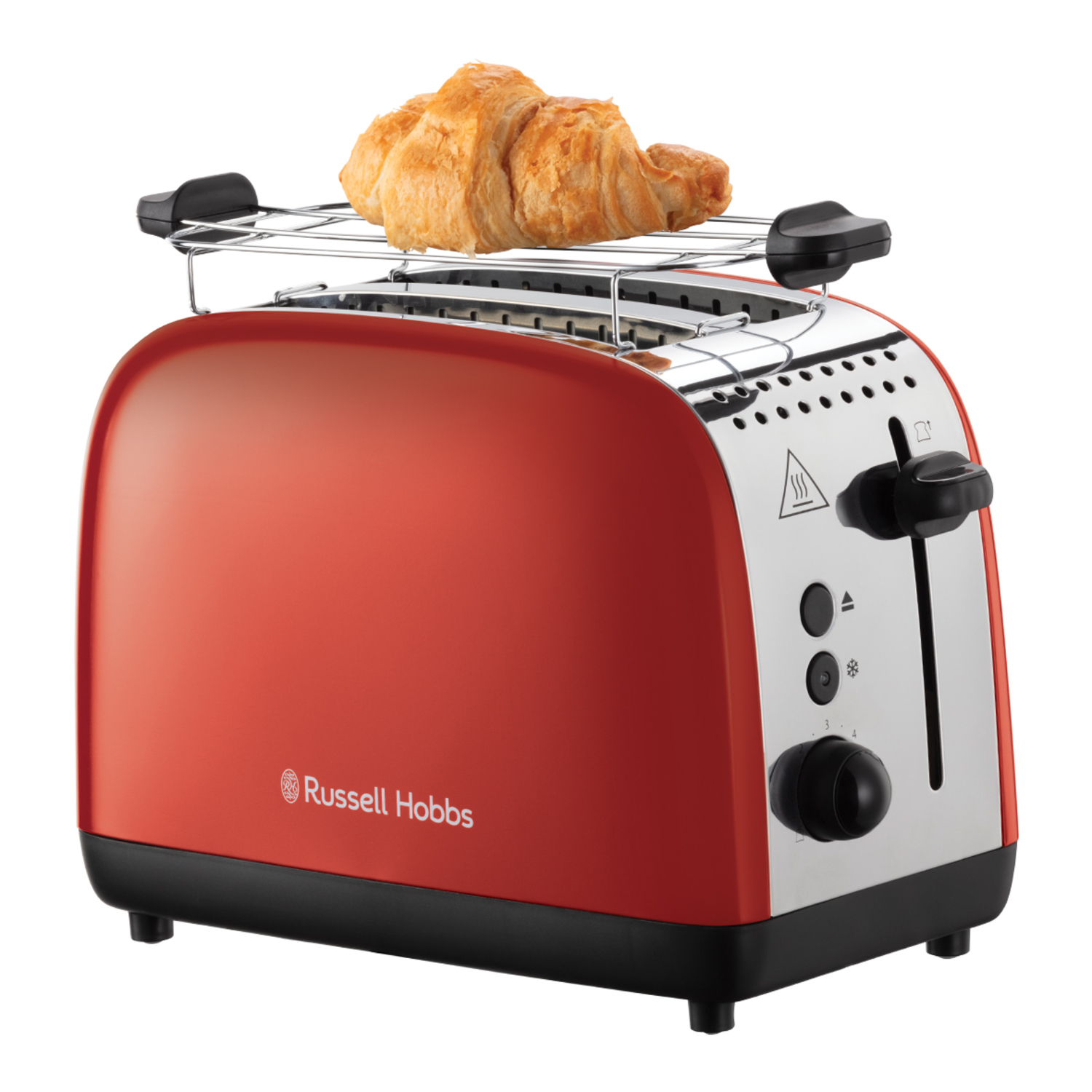 Red toaster with a croissant on the warming rack.