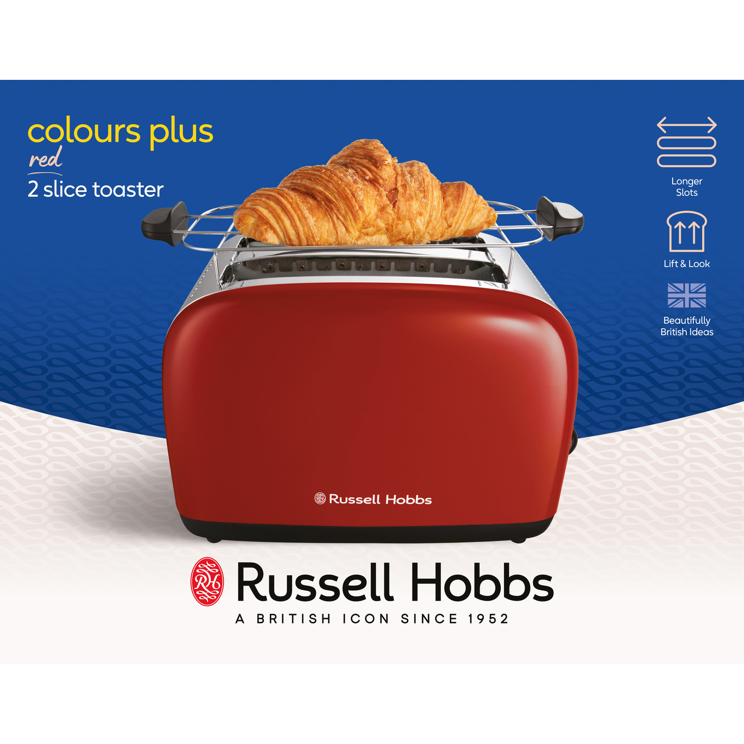 A red toaster with a croissant on top. The text says 'colours plus red' and has the brand name 'Russell Hobbs'.