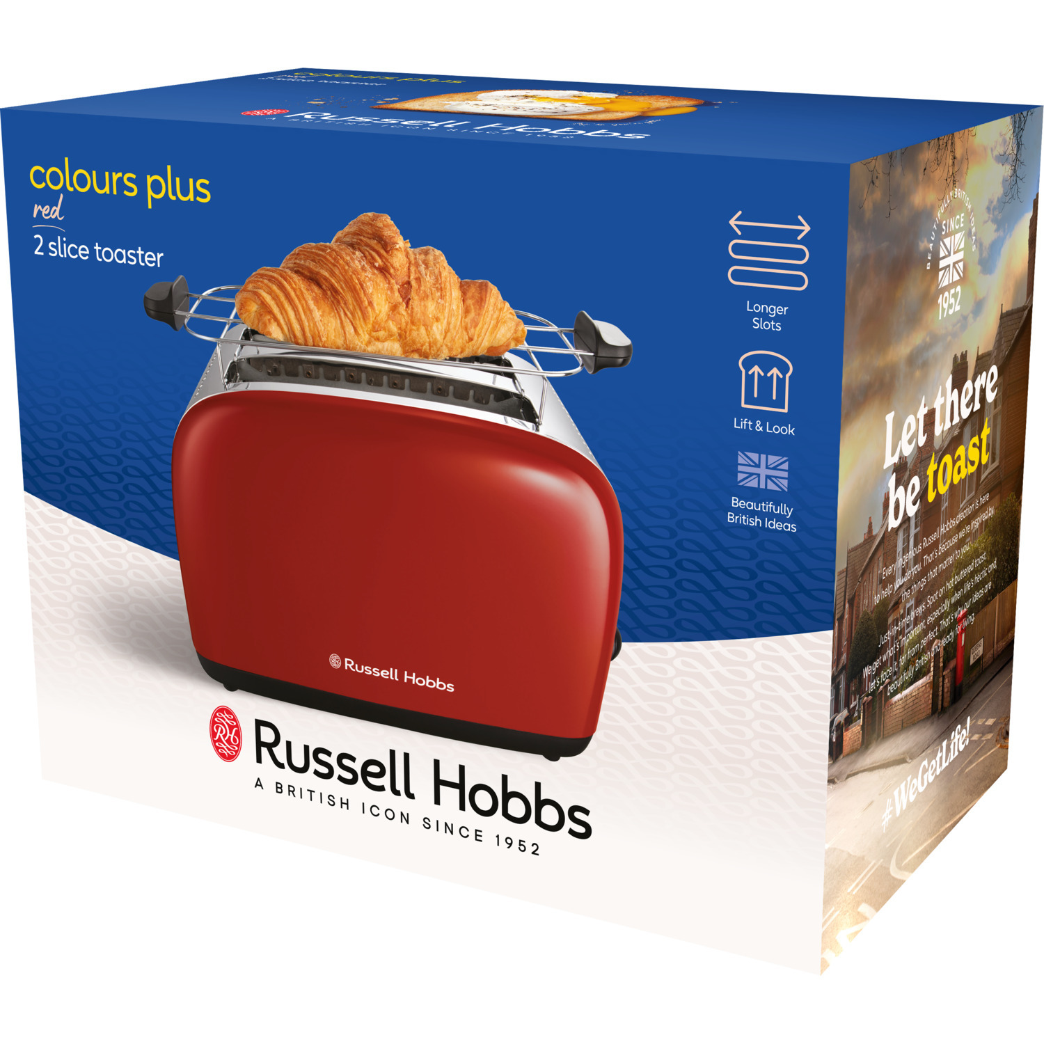 Red toaster with croissants on top, in its box. Text says 'Let there be toast'.